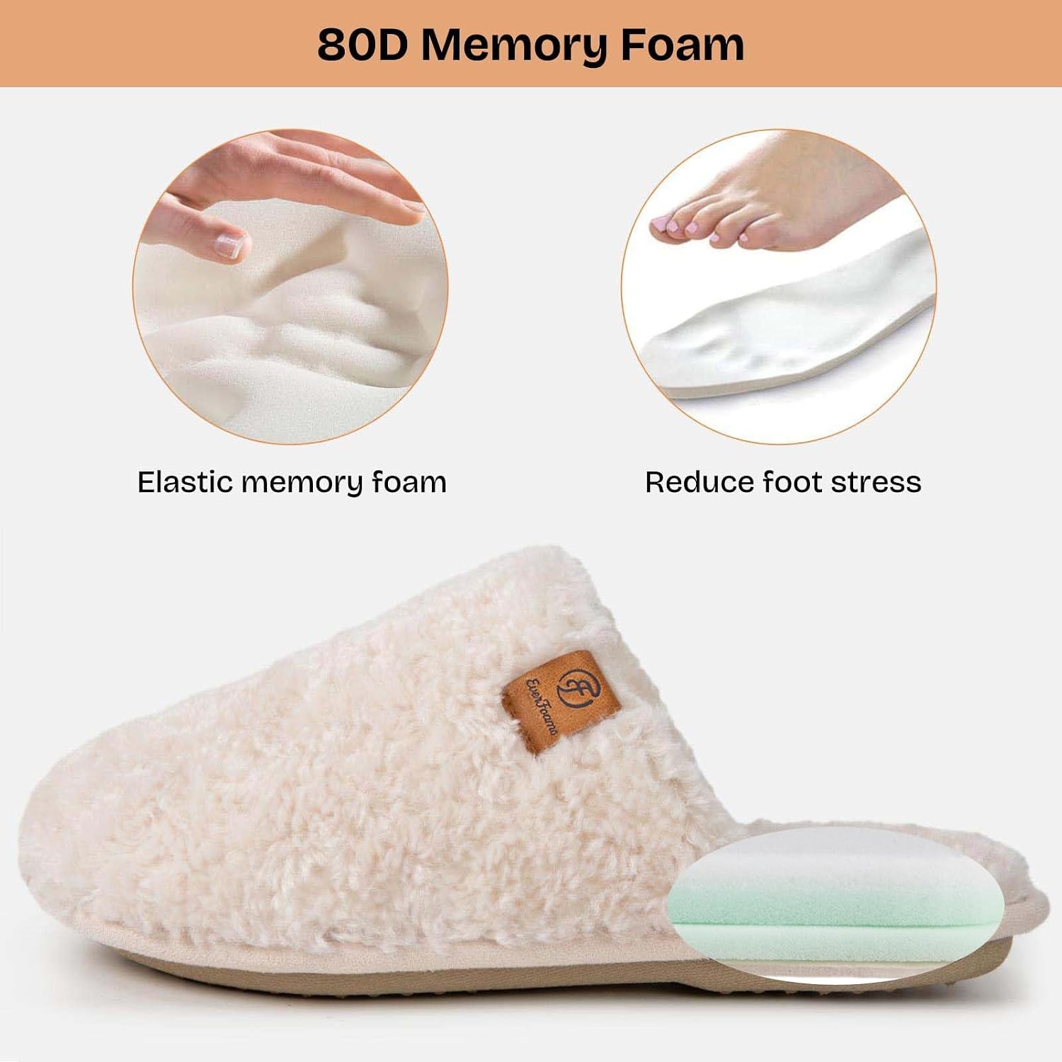 EverFoams Women’s Fuzzy Slippers Warm Cozy Memory Foam Indoor House Shoes(Cream White)