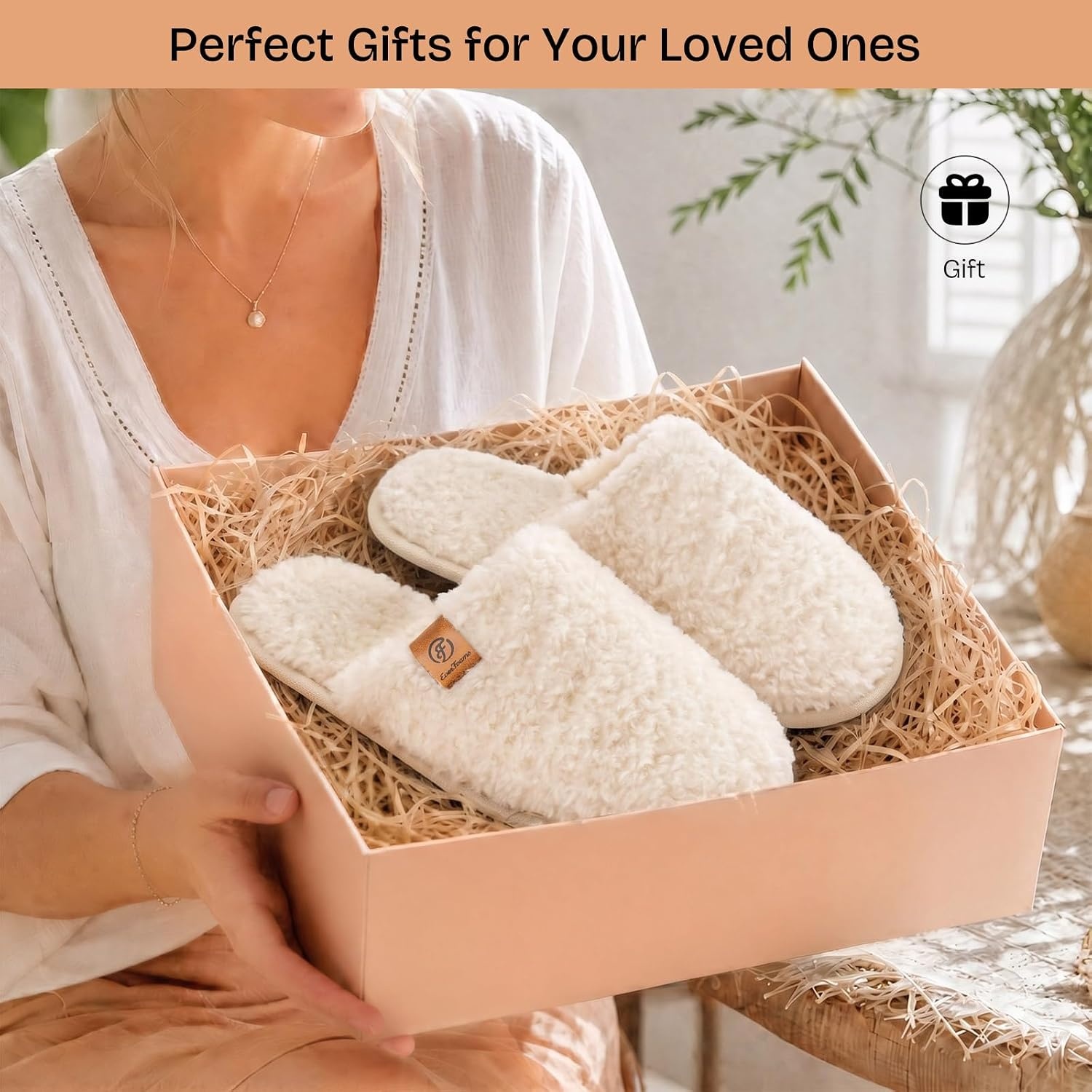 EverFoams Women’s Fuzzy Slippers Warm Cozy Memory Foam Indoor House Shoes(Cream White)