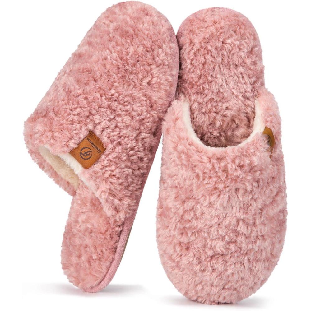 EverFoams Women’s Fuzzy Slip-on Slippers Warm Cozy Soft Lightweight Memory Foam Indoor House Shoes(Pink)