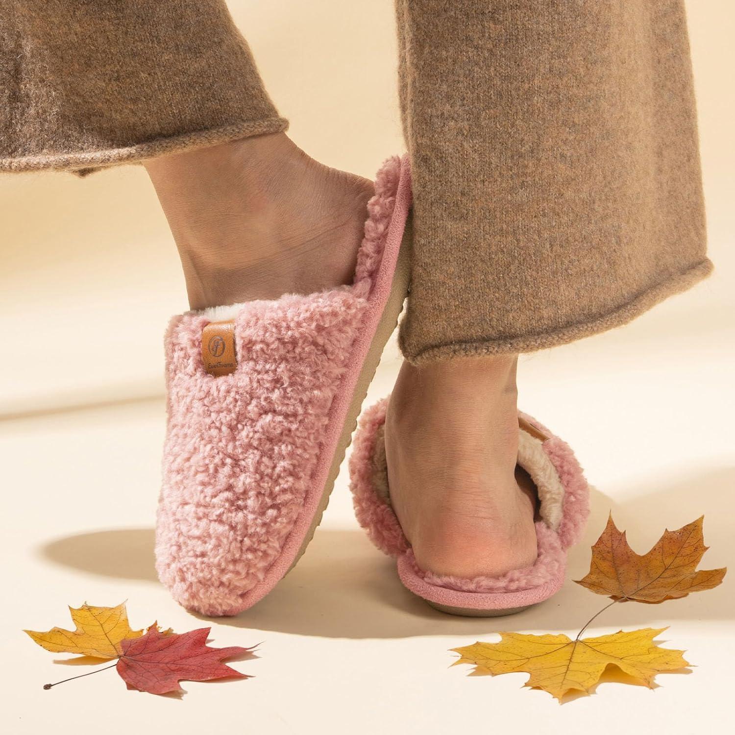 EverFoams Women’s Fuzzy Slip-on Slippers Warm Cozy Soft Lightweight Memory Foam Indoor House Shoes(Pink)
