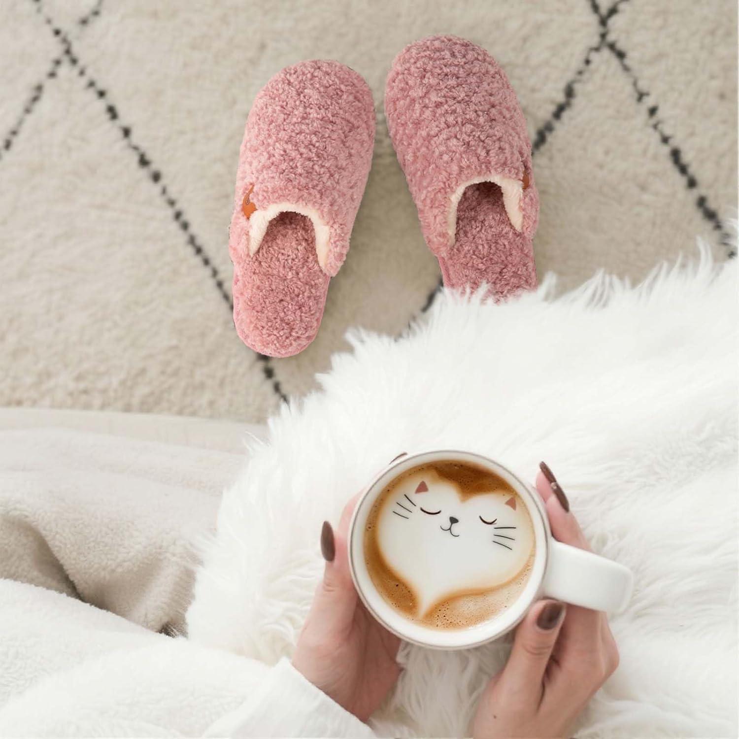 EverFoams Women’s Fuzzy Slip-on Slippers Warm Cozy Soft Lightweight Memory Foam Indoor House Shoes(Pink)