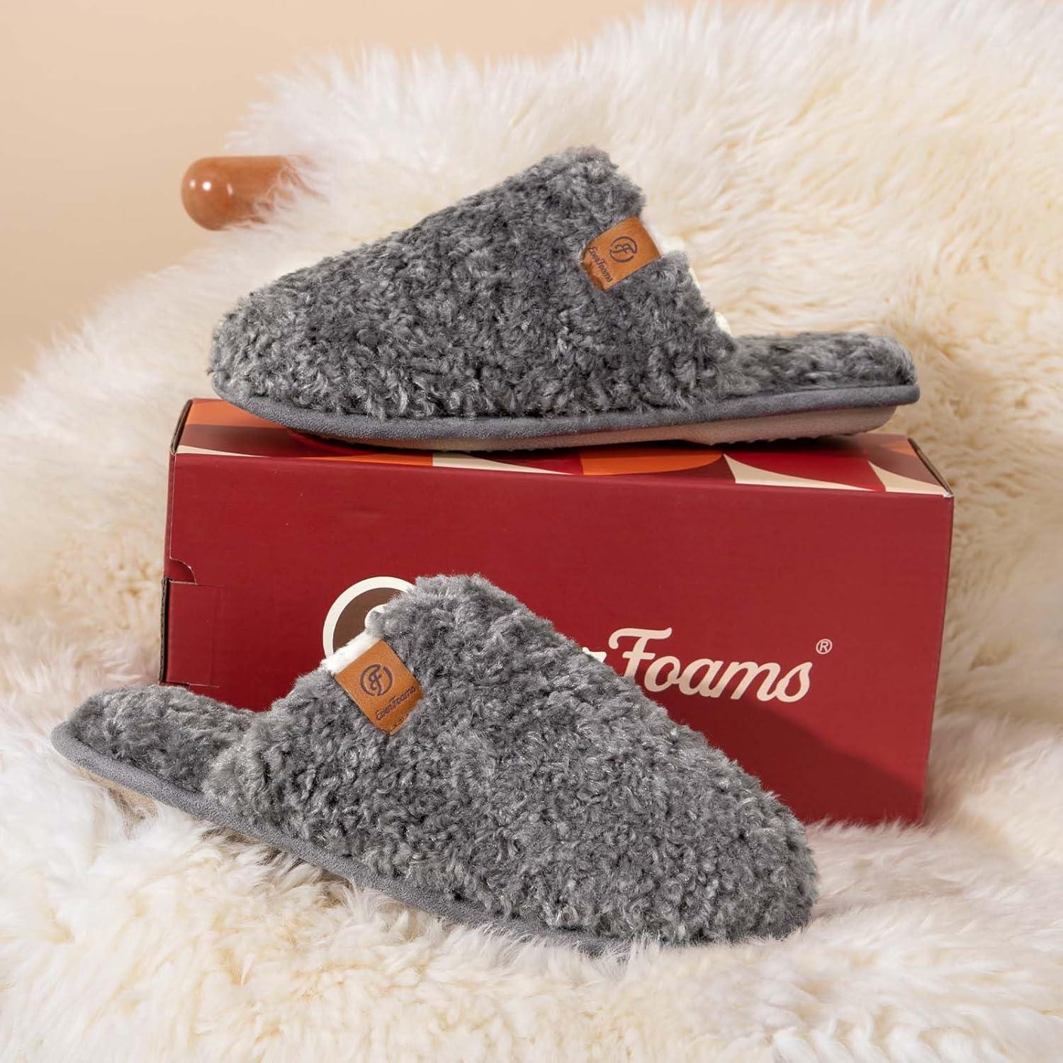 EverFoams Women’s Fuzzy Slip-on Slippers Warm Cozy Soft Lightweight Memory Foam Indoor House Shoes(Oxford Gray)