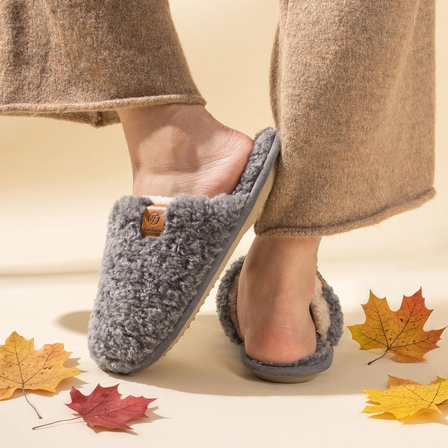 EverFoams Women’s Fuzzy Slip-on Slippers Warm Cozy Soft Lightweight Memory Foam Indoor House Shoes(Oxford Gray)