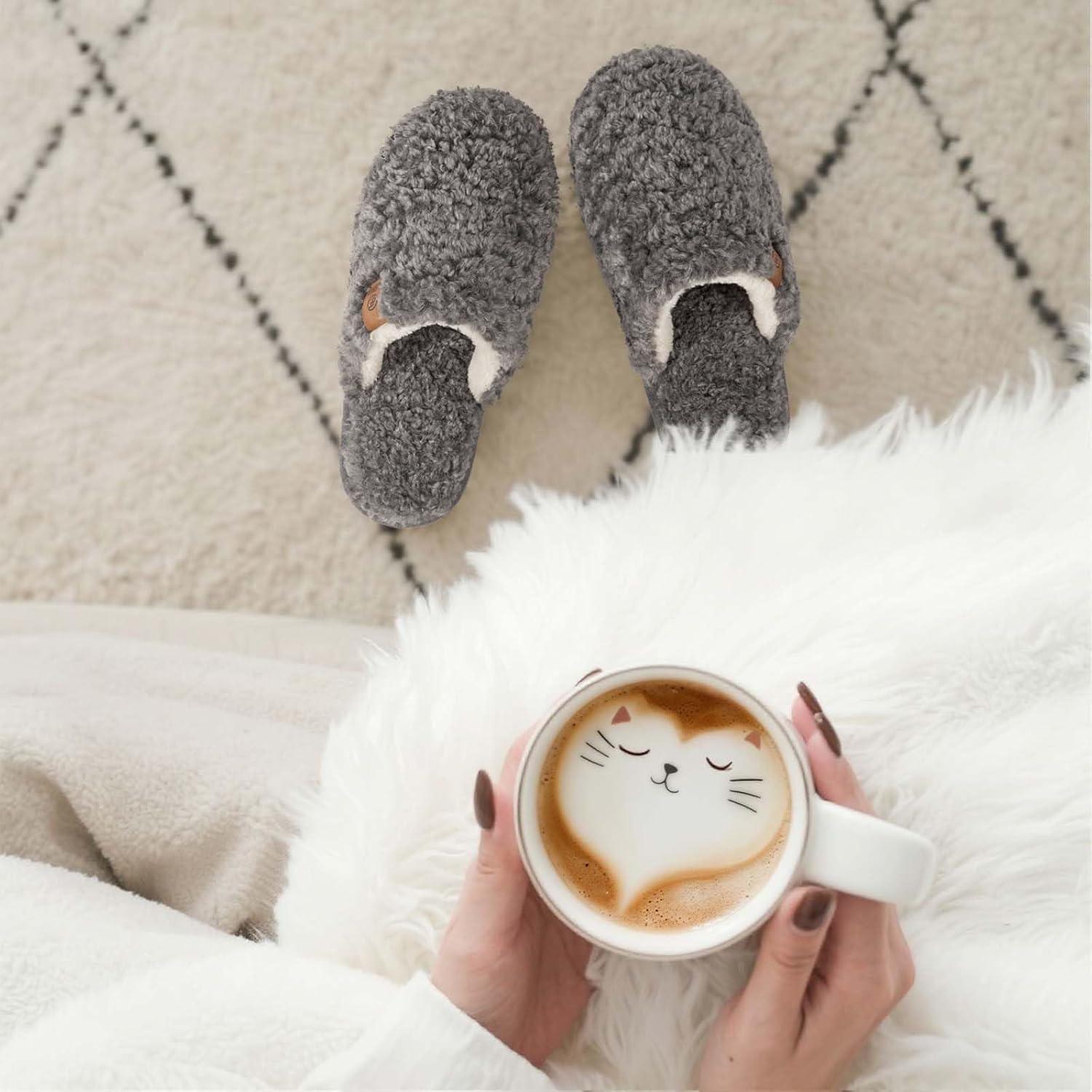 EverFoams Women’s Fuzzy Slip-on Slippers Warm Cozy Soft Lightweight Memory Foam Indoor House Shoes(Oxford Gray)