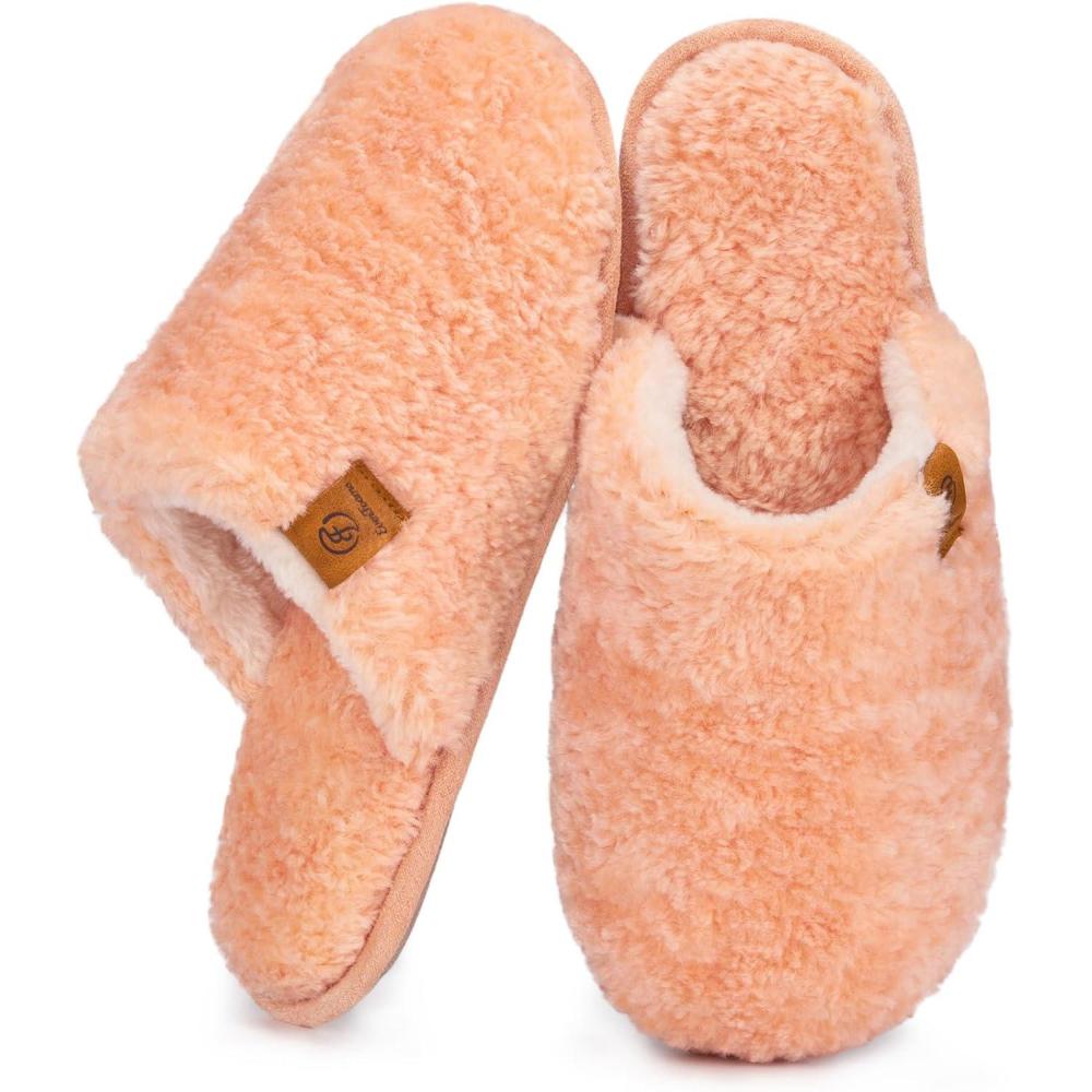 EverFoams Women’s Fuzzy Slip-on Slippers Warm Cozy Soft Lightweight Memory Foam Indoor House Shoes(Peach)