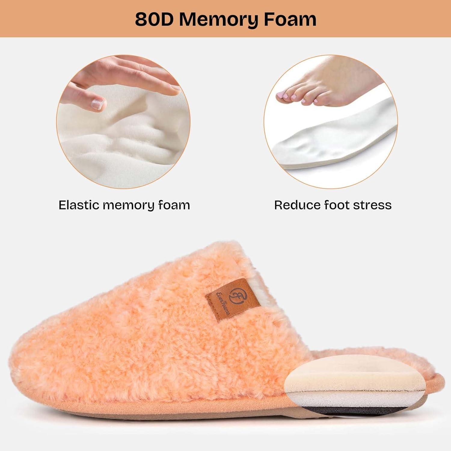 EverFoams Women’s Fuzzy Slip-on Slippers Warm Cozy Soft Lightweight Memory Foam Indoor House Shoes(Peach)