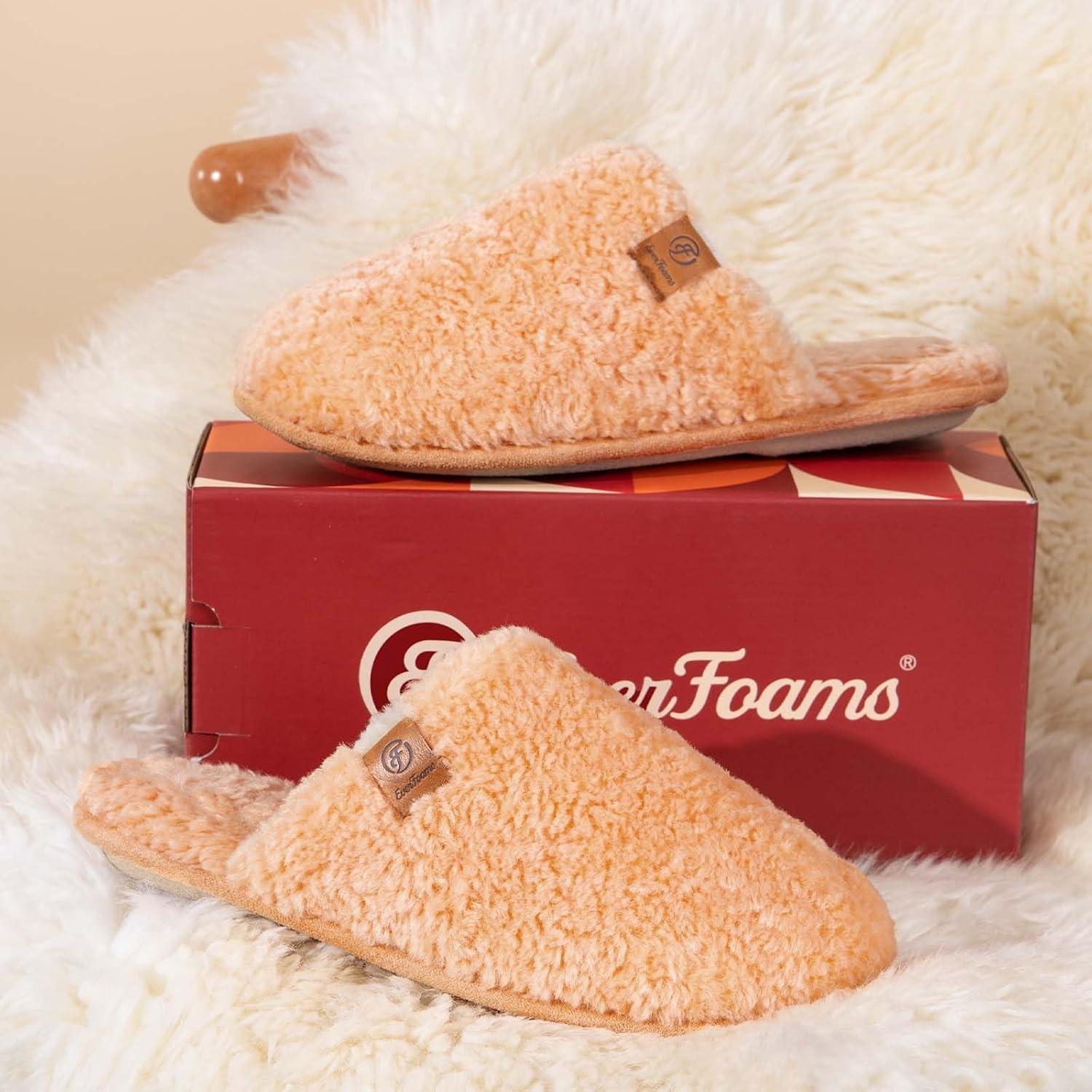 EverFoams Women’s Fuzzy Slip-on Slippers Warm Cozy Soft Lightweight Memory Foam Indoor House Shoes(Peach)