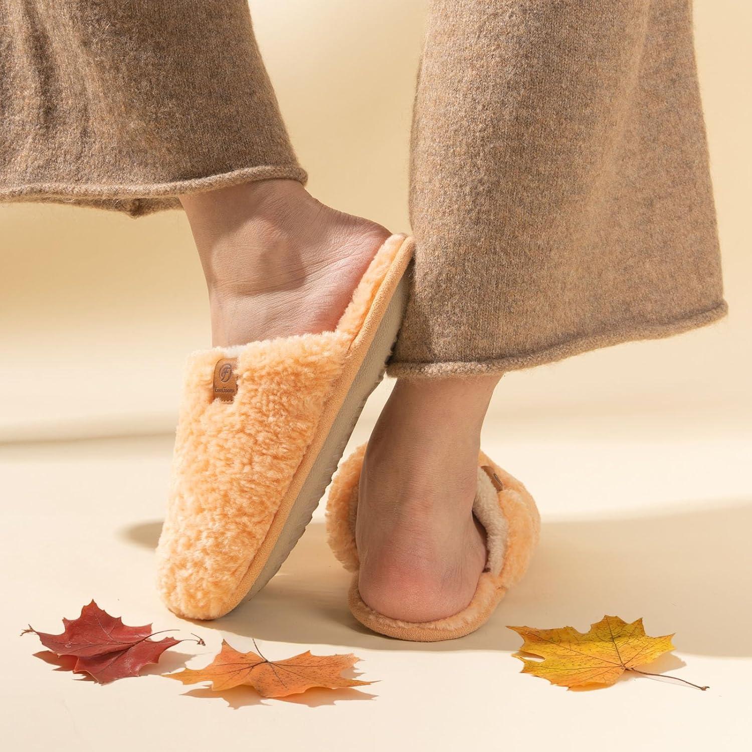 EverFoams Women’s Fuzzy Slip-on Slippers Warm Cozy Soft Lightweight Memory Foam Indoor House Shoes(Peach)