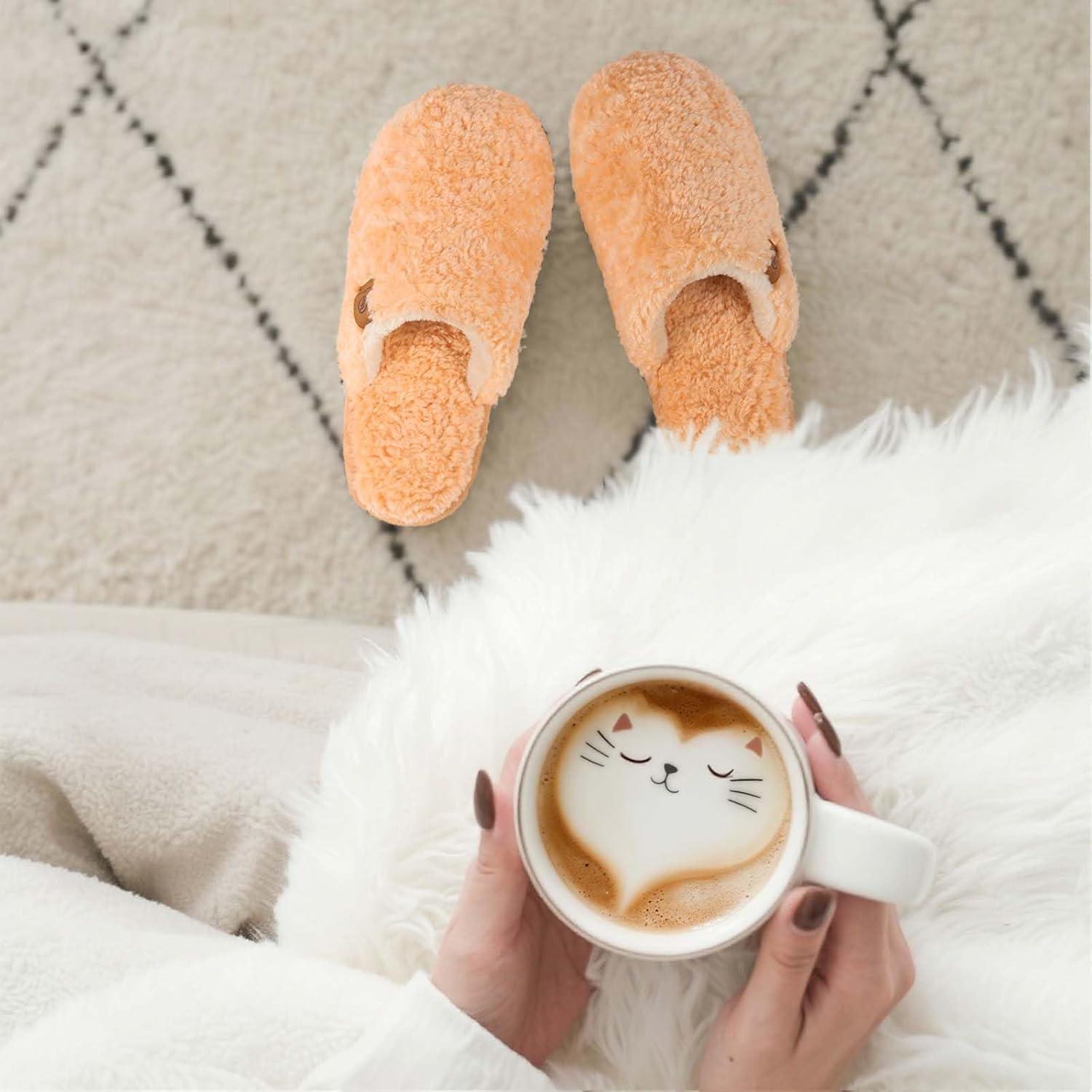 EverFoams Women’s Fuzzy Slip-on Slippers Warm Cozy Soft Lightweight Memory Foam Indoor House Shoes(Peach)