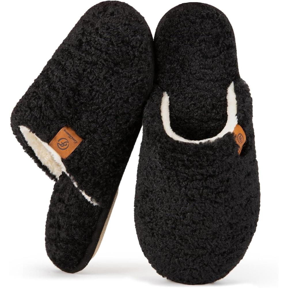 EverFoams Women’s Fuzzy Slip-on Slippers Warm Cozy Soft Lightweight Memory Foam Indoor House Shoes(Carbon Black)