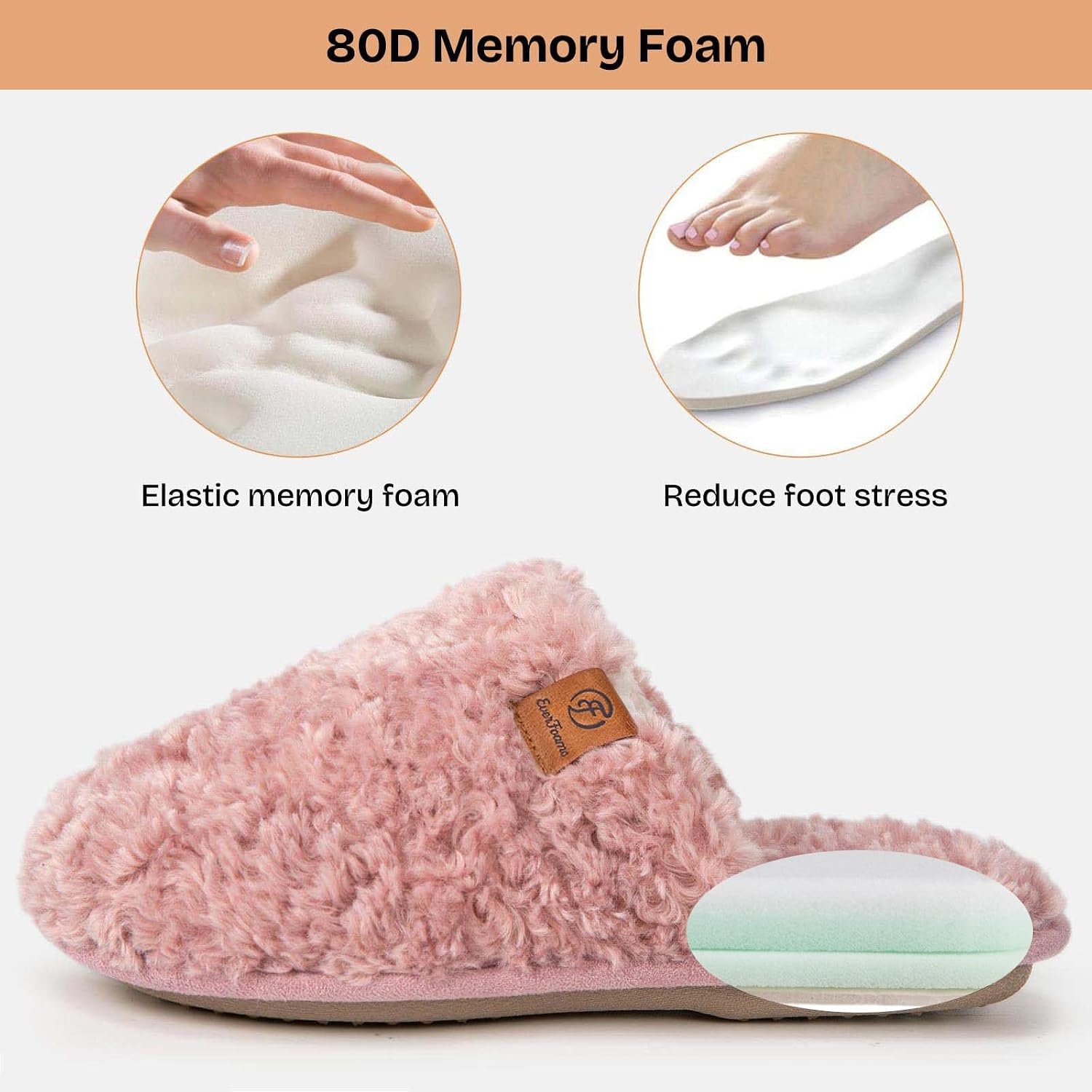 EverFoams Women’s Fuzzy Slippers Warm Cozy Memory Foam Indoor House Shoes(Pink)