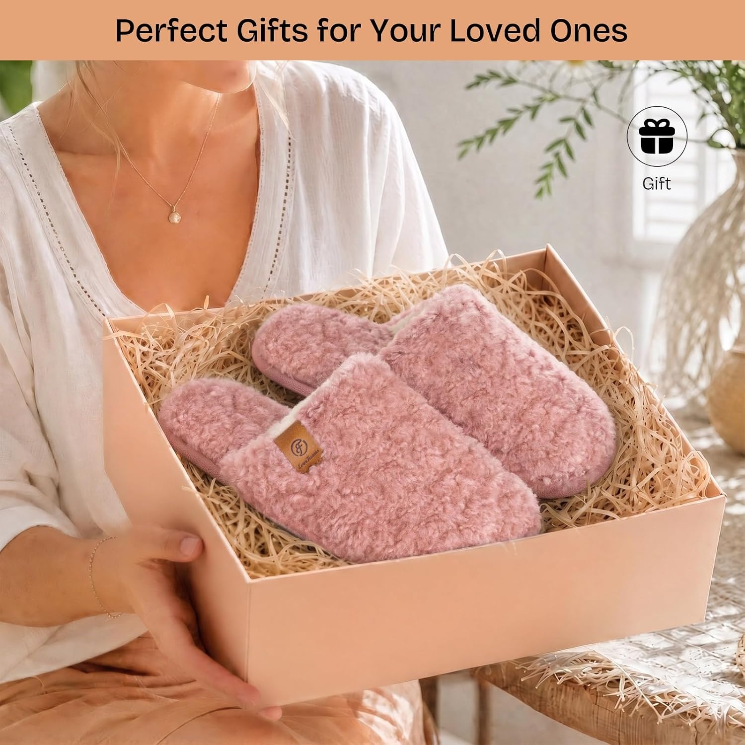 EverFoams Women’s Fuzzy Slippers Warm Cozy Memory Foam Indoor House Shoes(Pink)