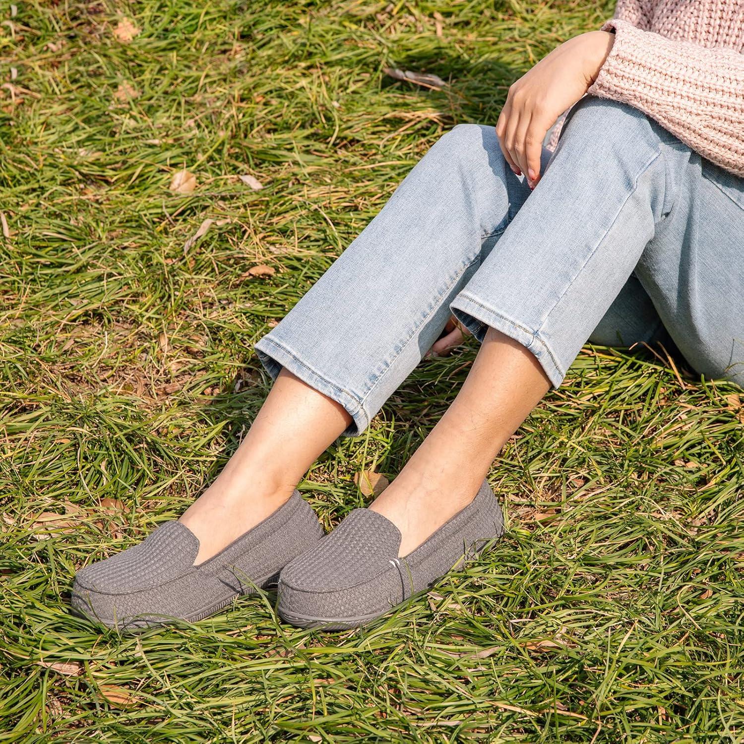 EverFoams Women’s Lightweight Indoor Outdoor Memory Foam House Shoes, Comfy Breathable Waffle Knitted Moccasins Loafer Slippers Grey, 7 US