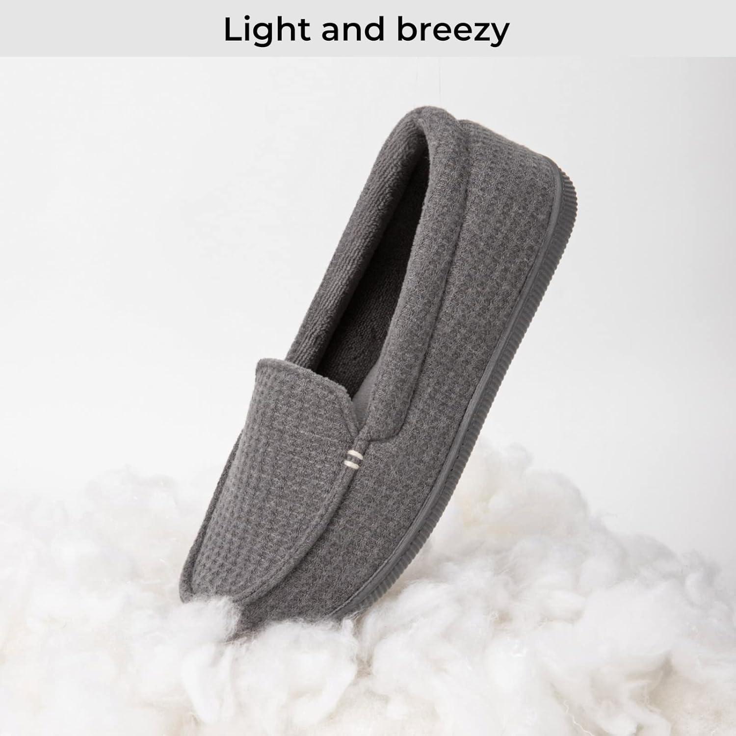 EverFoams Women’s Lightweight Indoor Outdoor Memory Foam House Shoes, Comfy Breathable Waffle Knitted Moccasins Loafer Slippers Grey, 7 US