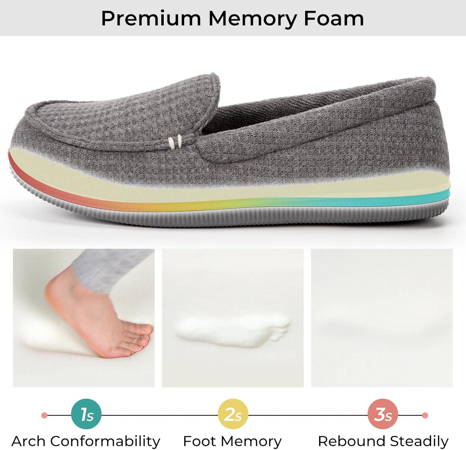 EverFoams Women’s Lightweight Indoor Outdoor Memory Foam House Shoes, Comfy Breathable Waffle Knitted Moccasins Loafer Slippers Grey, 7 US