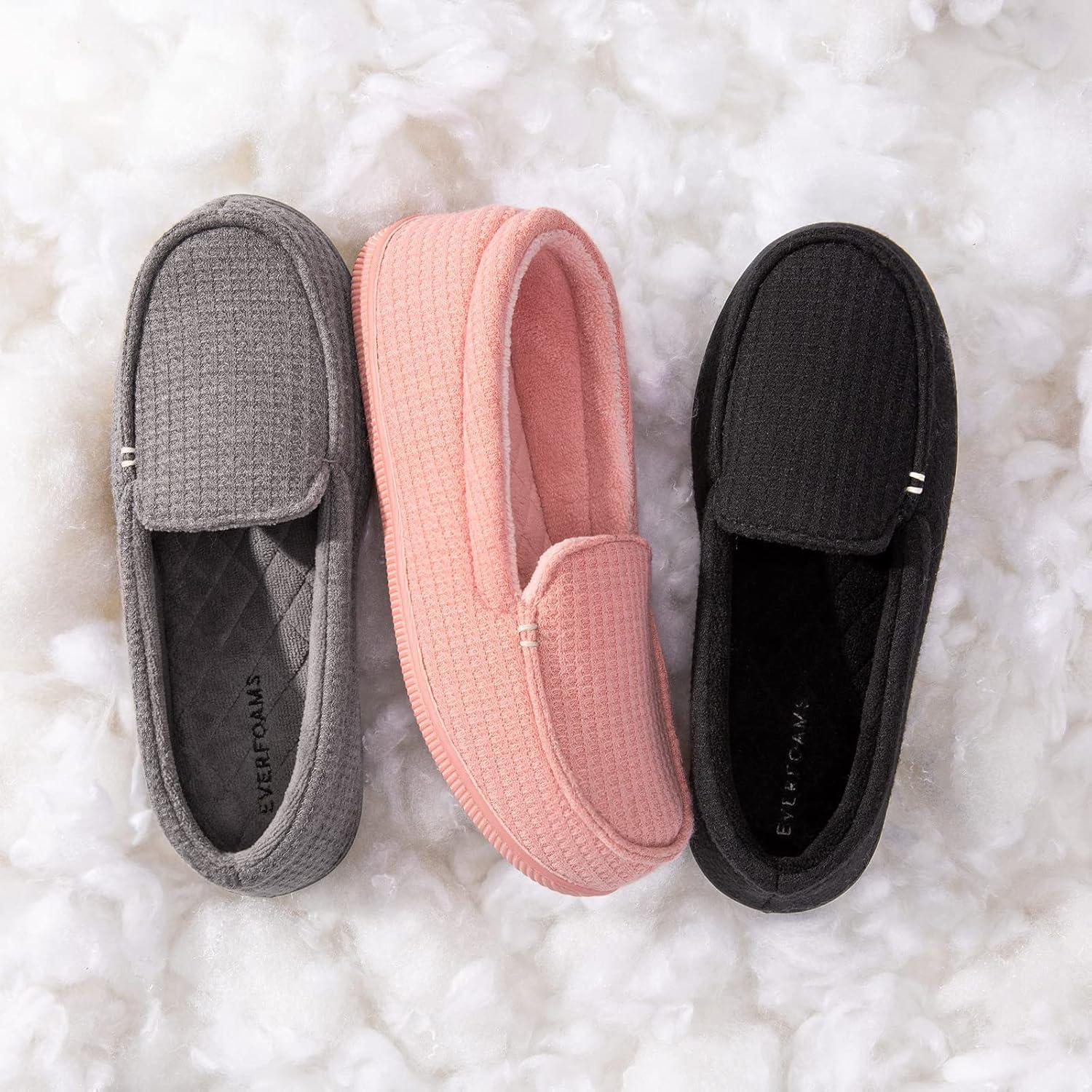 EverFoams Women’s Lightweight Indoor Outdoor Memory Foam House Shoes, Comfy Breathable Waffle Knitted Moccasins Loafer Slippers Grey, 7 US