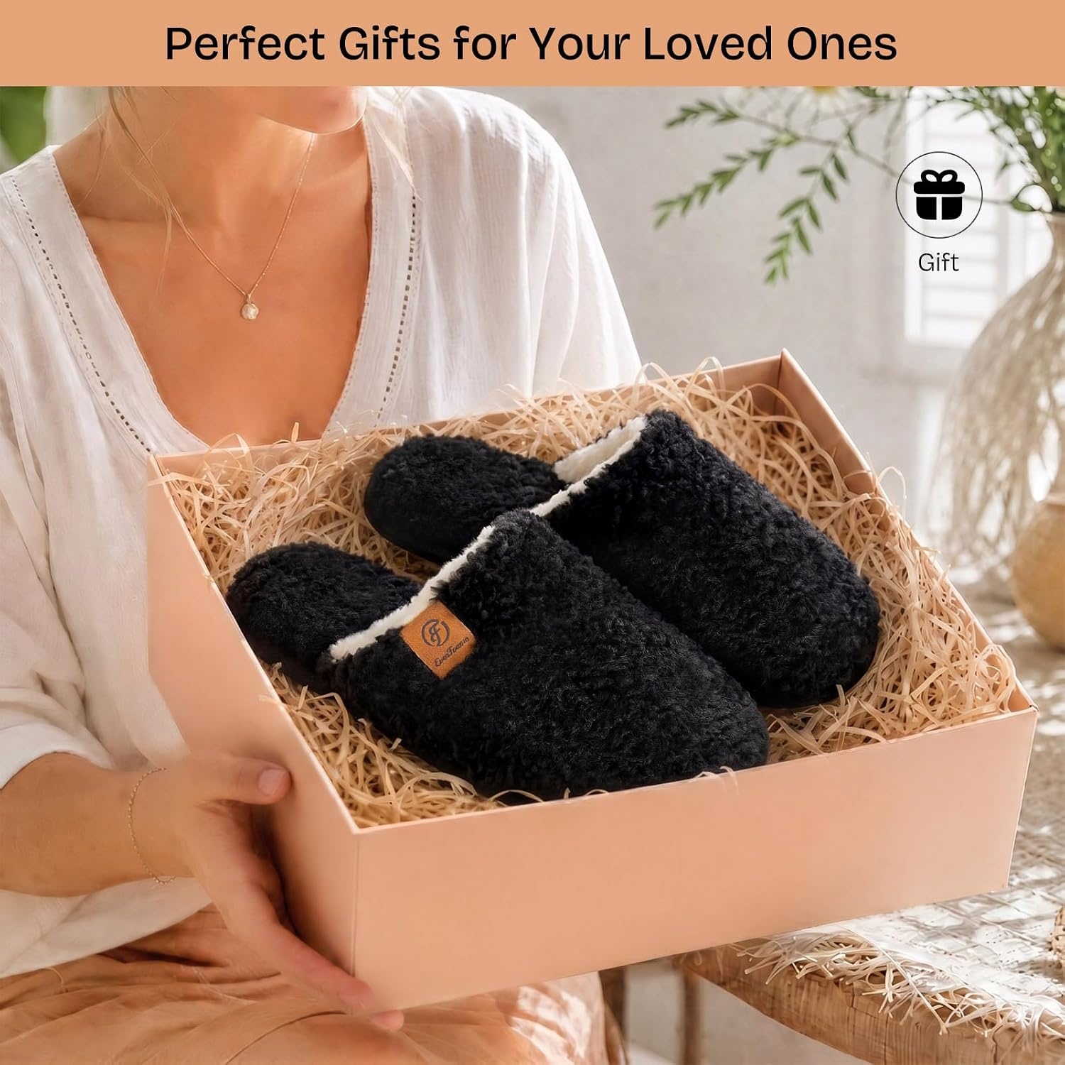 EverFoams Women’s Fuzzy Slippers Warm Cozy Memory Foam Indoor House Shoes(Carbon Black)