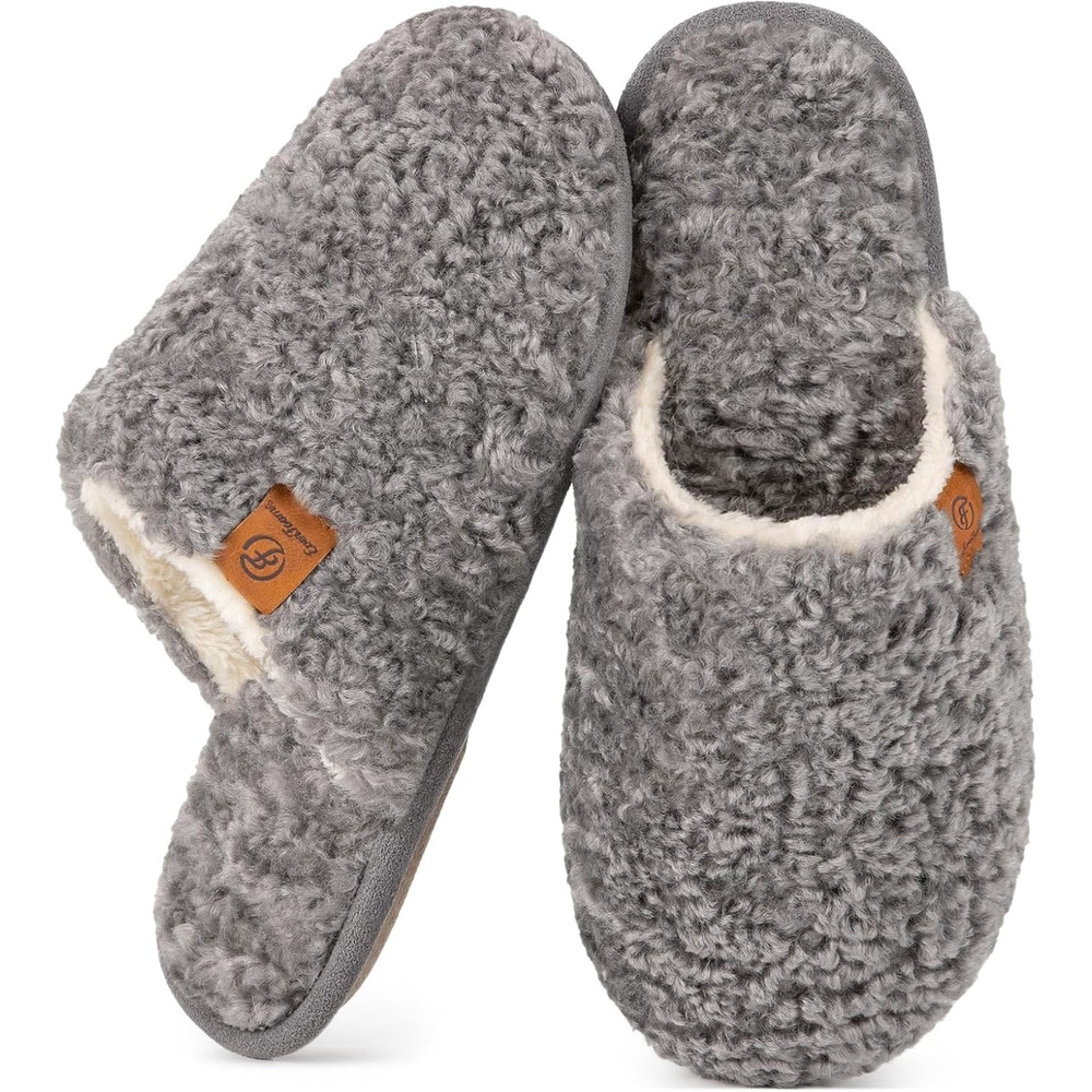 EverFoams Women’s Fuzzy Slippers Warm Cozy Memory Foam Indoor House Shoes(Oxford Gray)