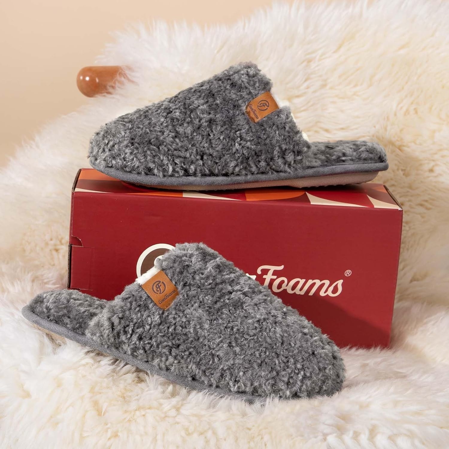 EverFoams Women’s Fuzzy Slippers Warm Cozy Memory Foam Indoor House Shoes(Oxford Gray)
