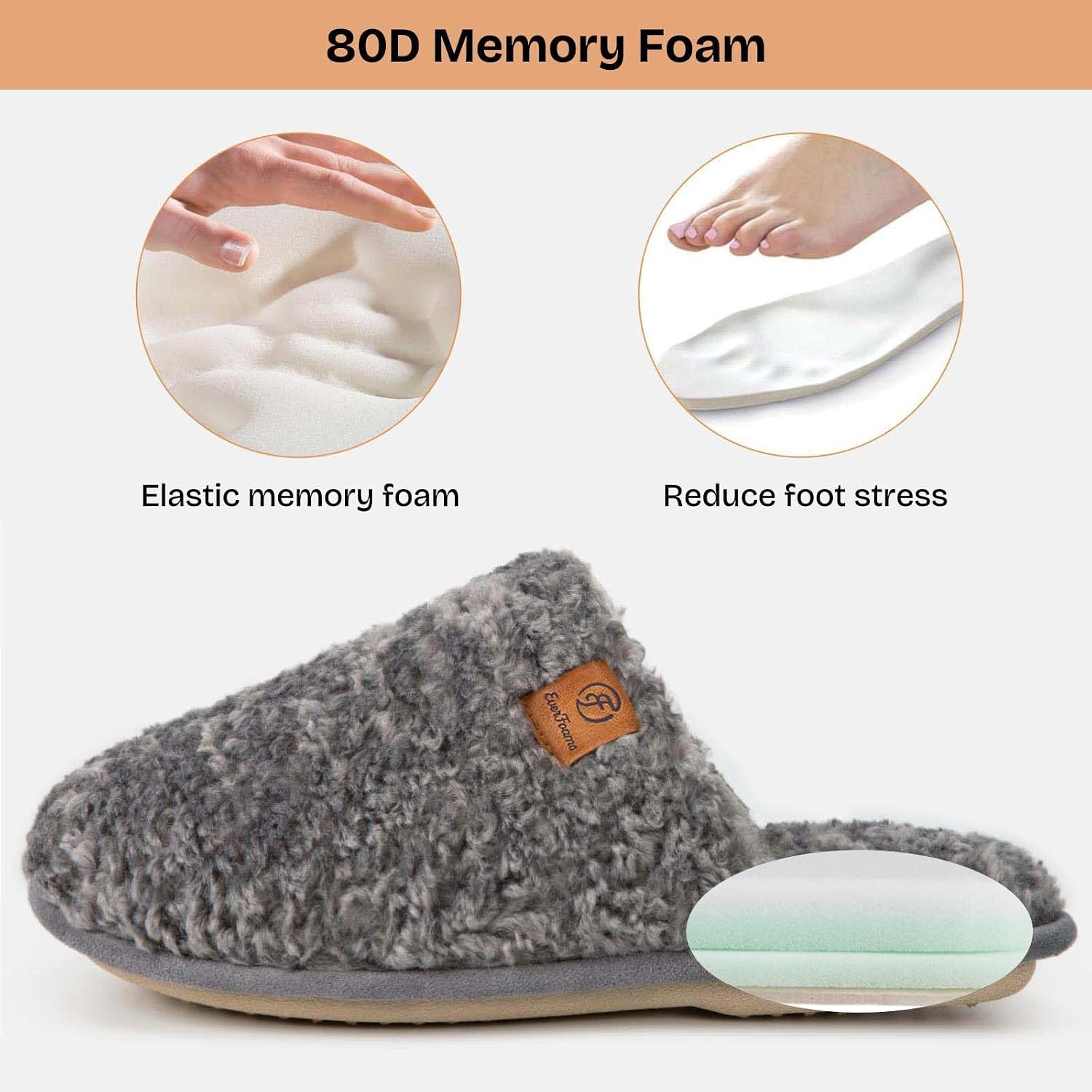 EverFoams Women’s Fuzzy Slippers Warm Cozy Memory Foam Indoor House Shoes(Oxford Gray)