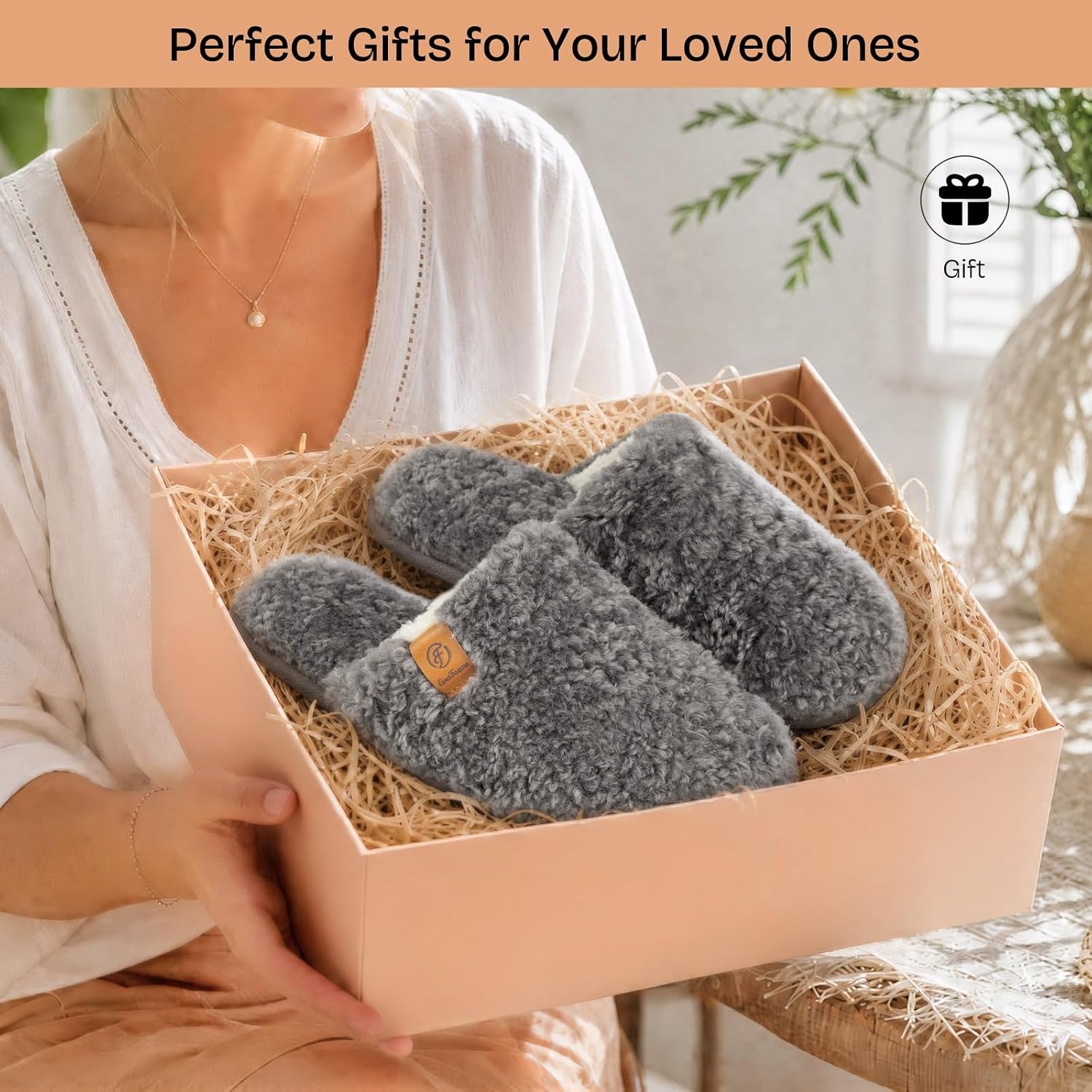 EverFoams Women’s Fuzzy Slippers Warm Cozy Memory Foam Indoor House Shoes(Oxford Gray)