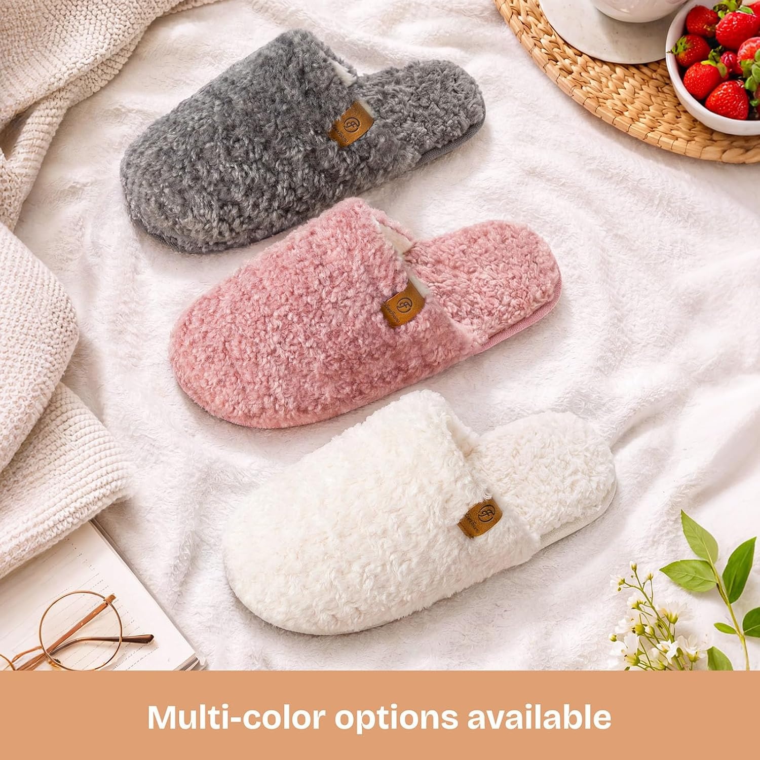 EverFoams Women’s Fuzzy Slippers Warm Cozy Memory Foam Indoor House Shoes(Oxford Gray)