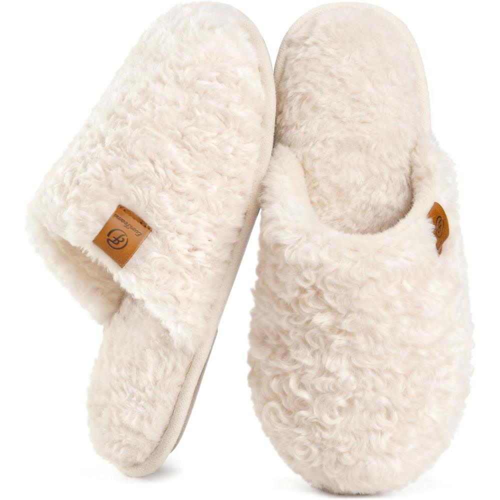 EverFoams Women’s Fuzzy Slip-on Slippers Warm Cozy Soft Lightweight Memory Foam Indoor House Shoes(Cream White)