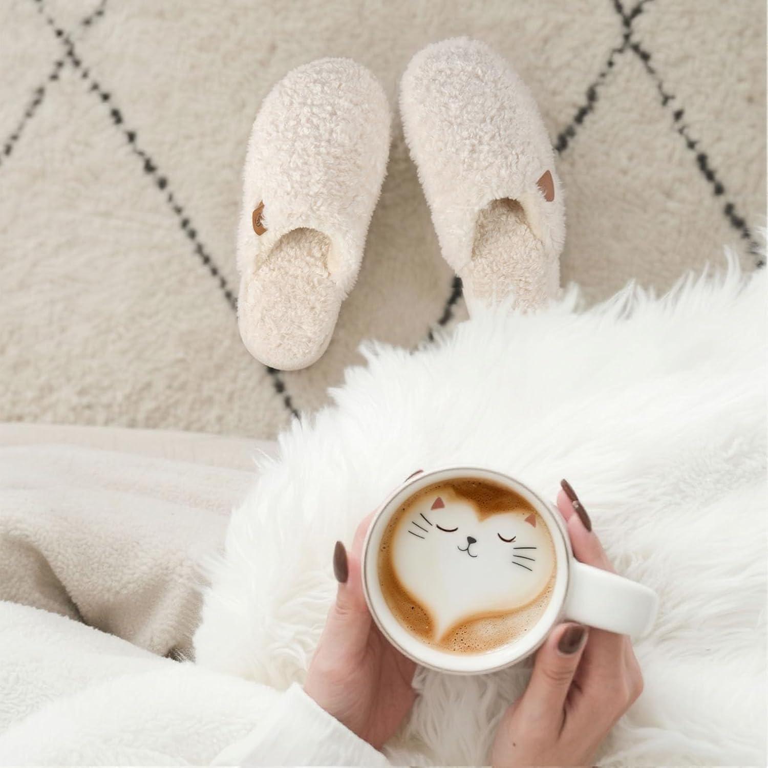EverFoams Women’s Fuzzy Slip-on Slippers Warm Cozy Soft Lightweight Memory Foam Indoor House Shoes(Cream White)