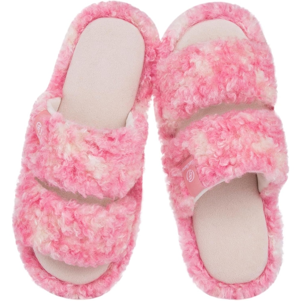 EverFoams Women’s Fuzzy Open Toe Slippers Memory Foam Indoor House Shoes(Whisper Pink Tie-dye)