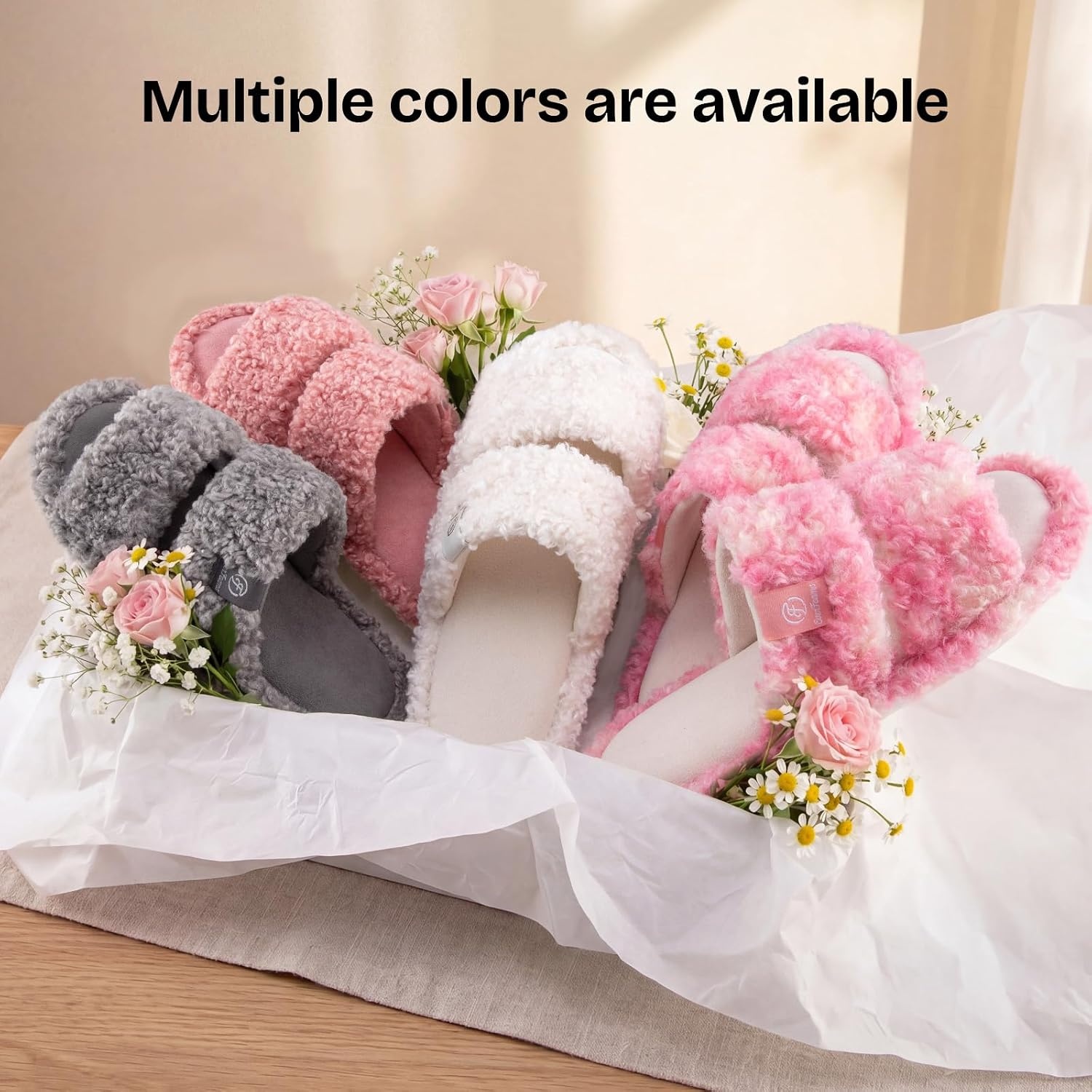 EverFoams Women’s Fuzzy Open Toe Slippers Memory Foam Indoor House Shoes(Whisper Pink Tie-dye)