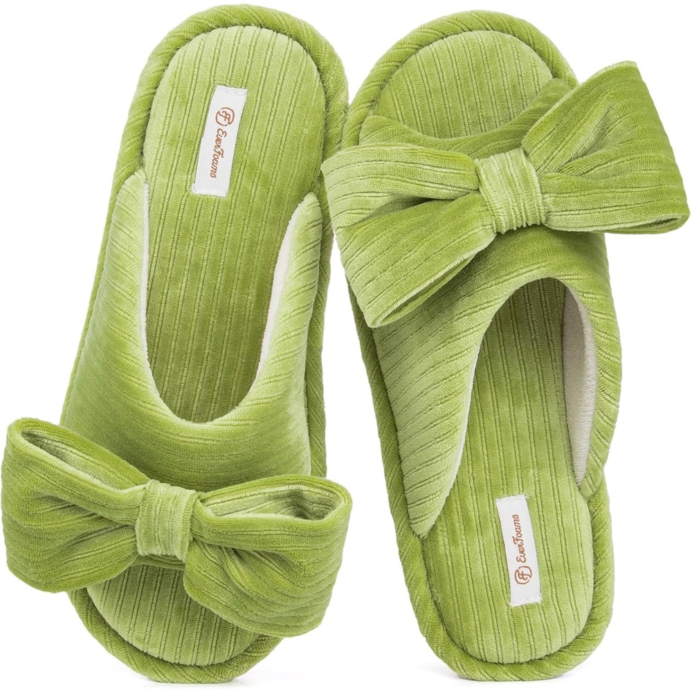 EverFoams Women’s Open-Toe Bow Slippers with Memory Foam Indoor House Non-Slip Sole(Green Olive)