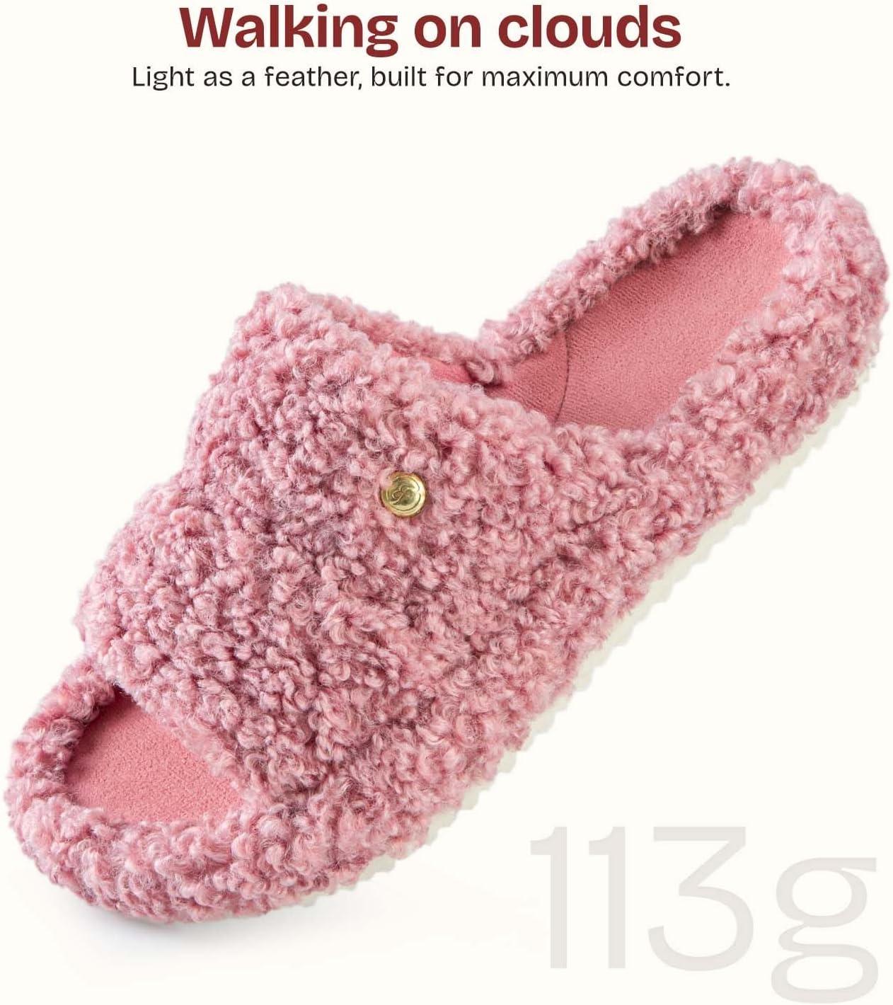 EverFoams Women’s Fuzzy Open Toe Slippers Comfy Soft Memory Foam Indoor House Shoes(Blush Pink)