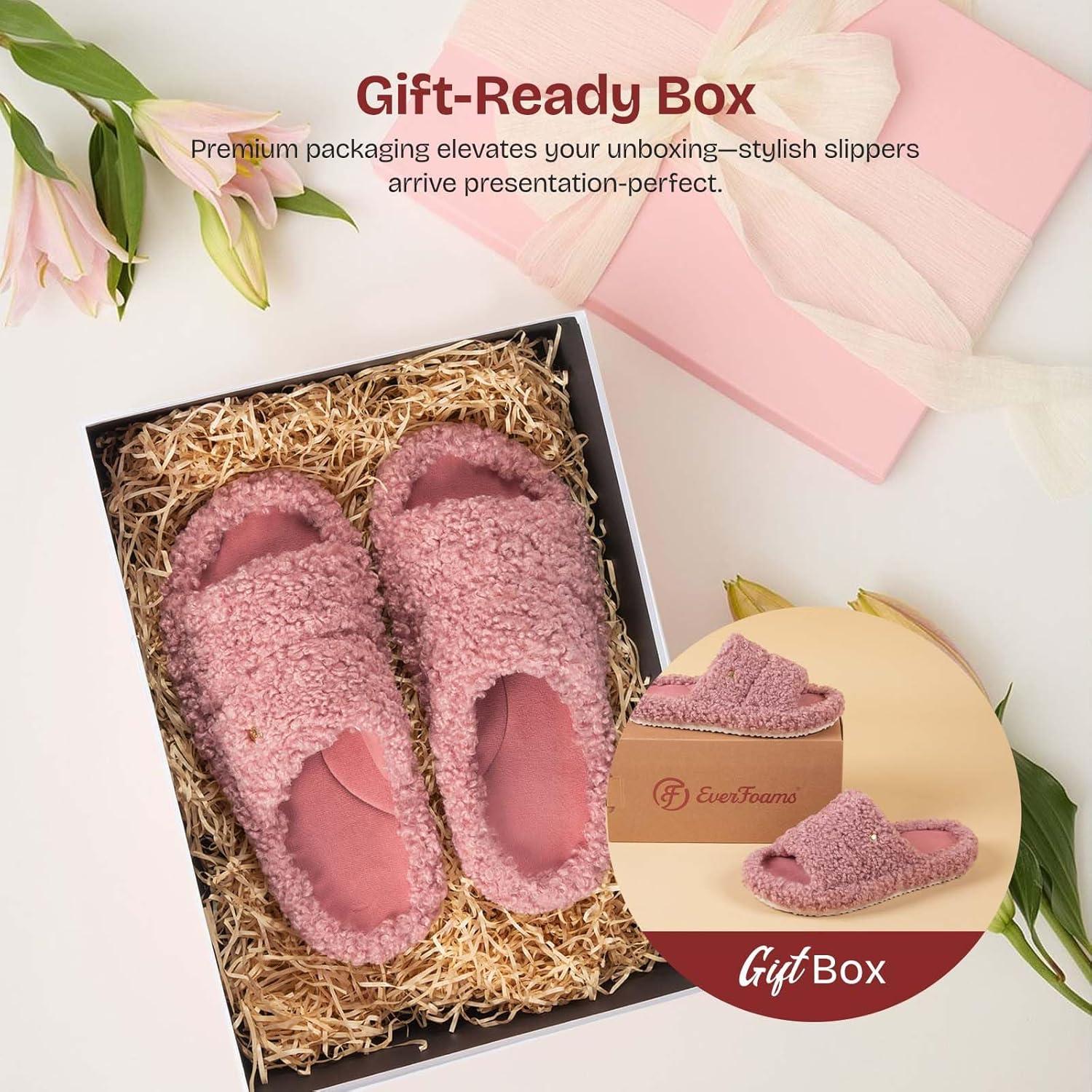 EverFoams Women’s Fuzzy Open Toe Slippers Comfy Soft Memory Foam Indoor House Shoes(Blush Pink)