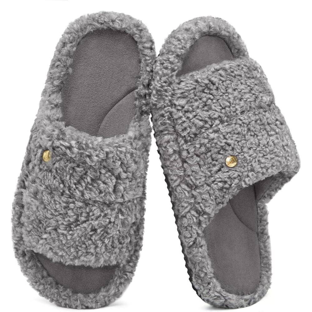 EverFoams Women’s Fuzzy Open Toe Slippers Comfy Soft Memory Foam Indoor House Shoes(Ash Gray)