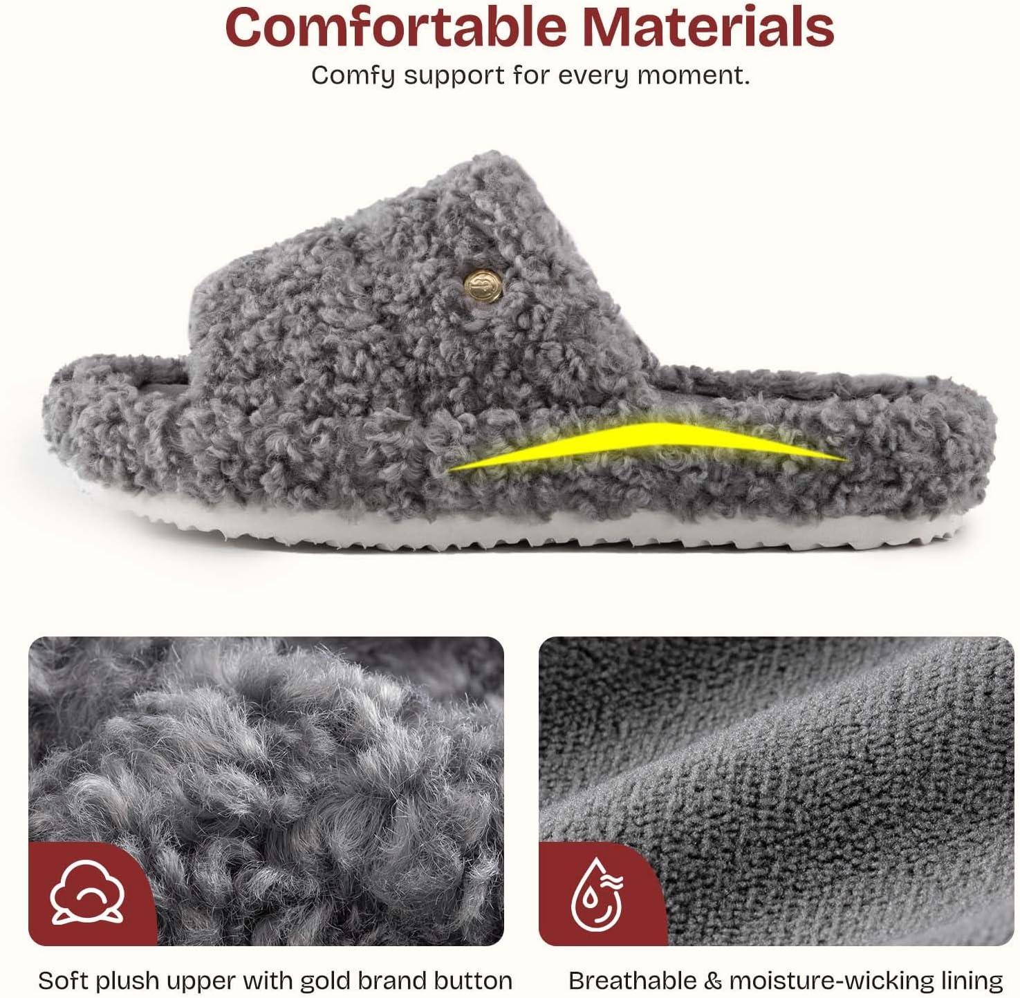 EverFoams Women’s Fuzzy Open Toe Slippers Comfy Soft Memory Foam Indoor House Shoes(Ash Gray)
