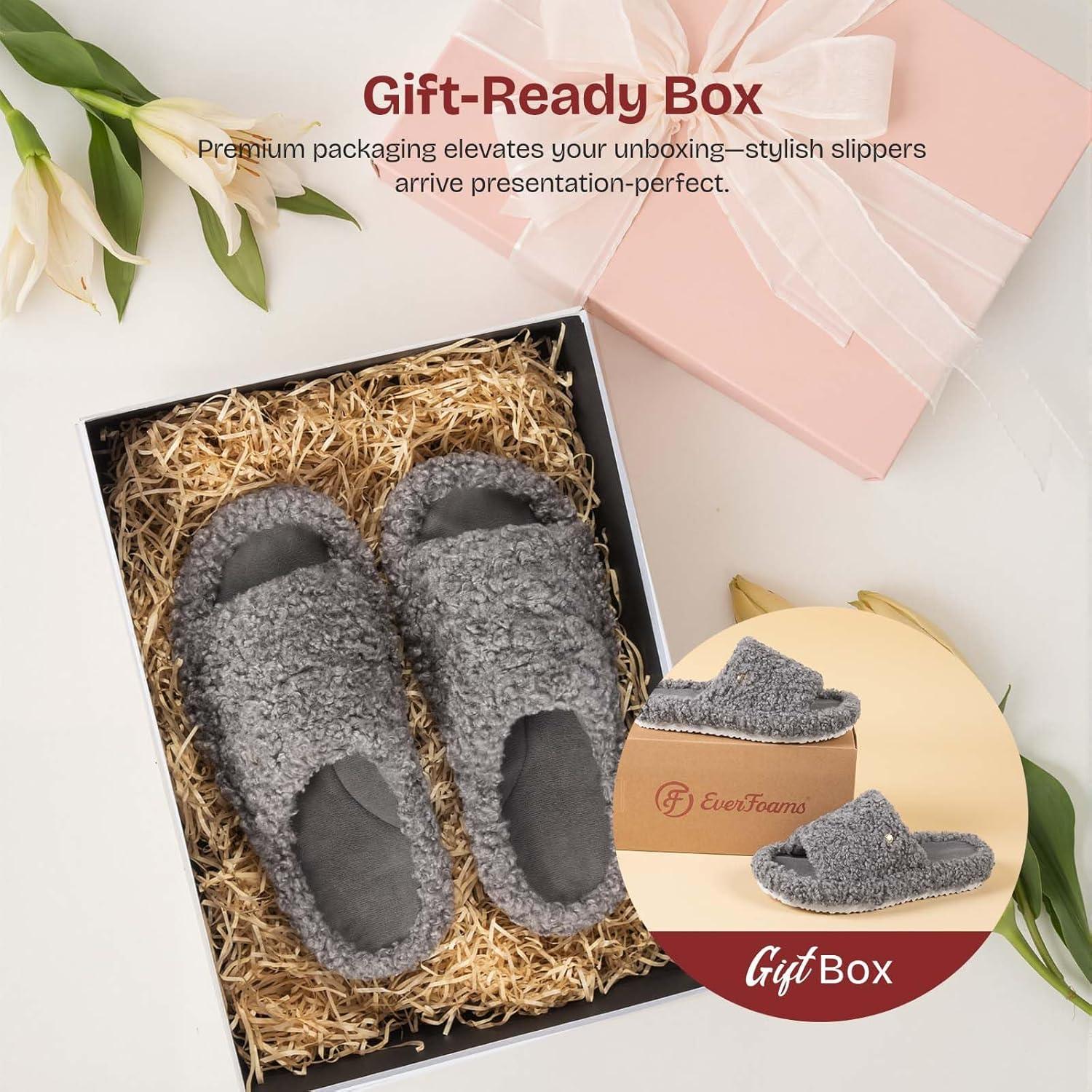 EverFoams Women’s Fuzzy Open Toe Slippers Comfy Soft Memory Foam Indoor House Shoes(Ash Gray)