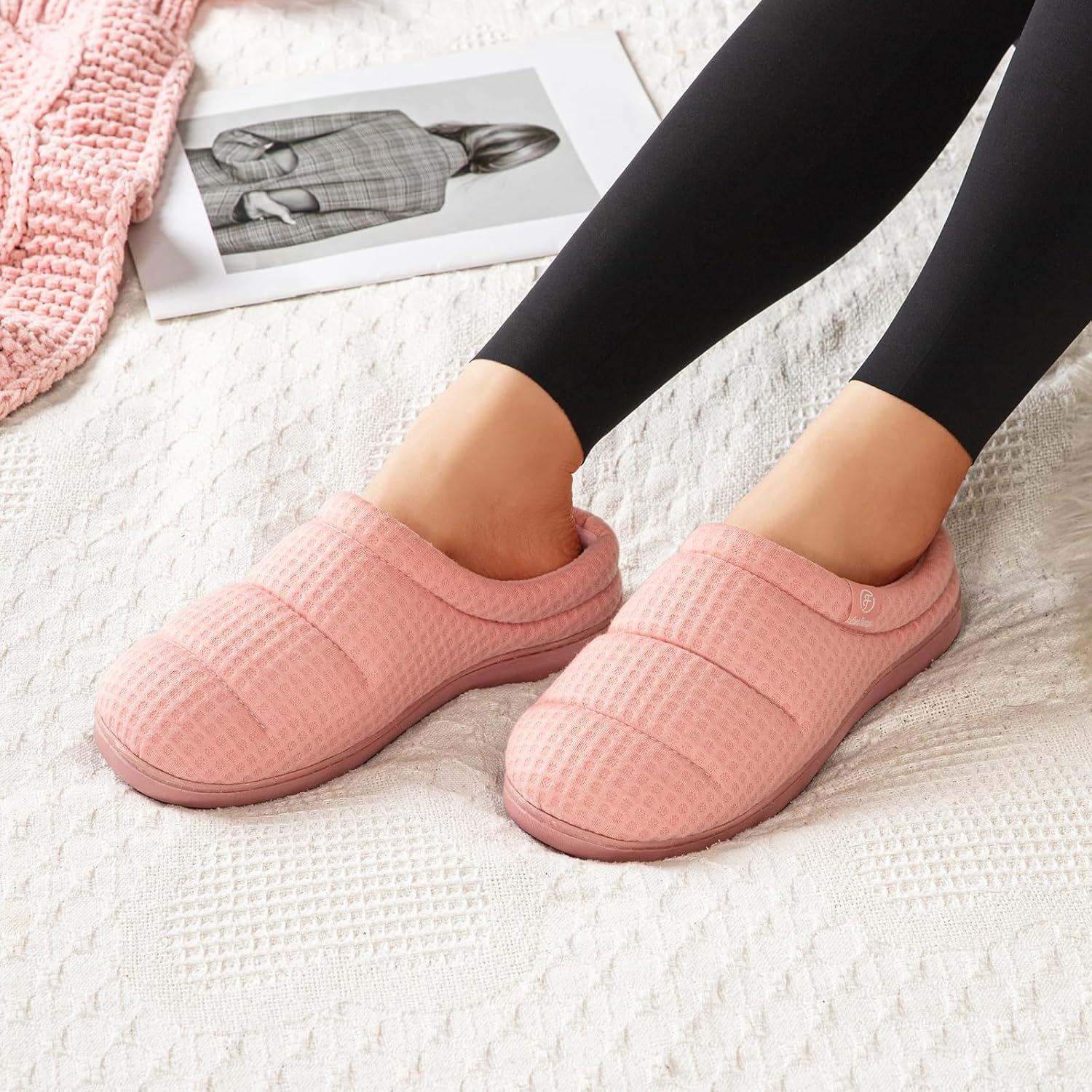 EverFoams Women’s Cozy Waffle Slippers Soft Quilted Memory Foam Indoor House Shoes(Light Pink)