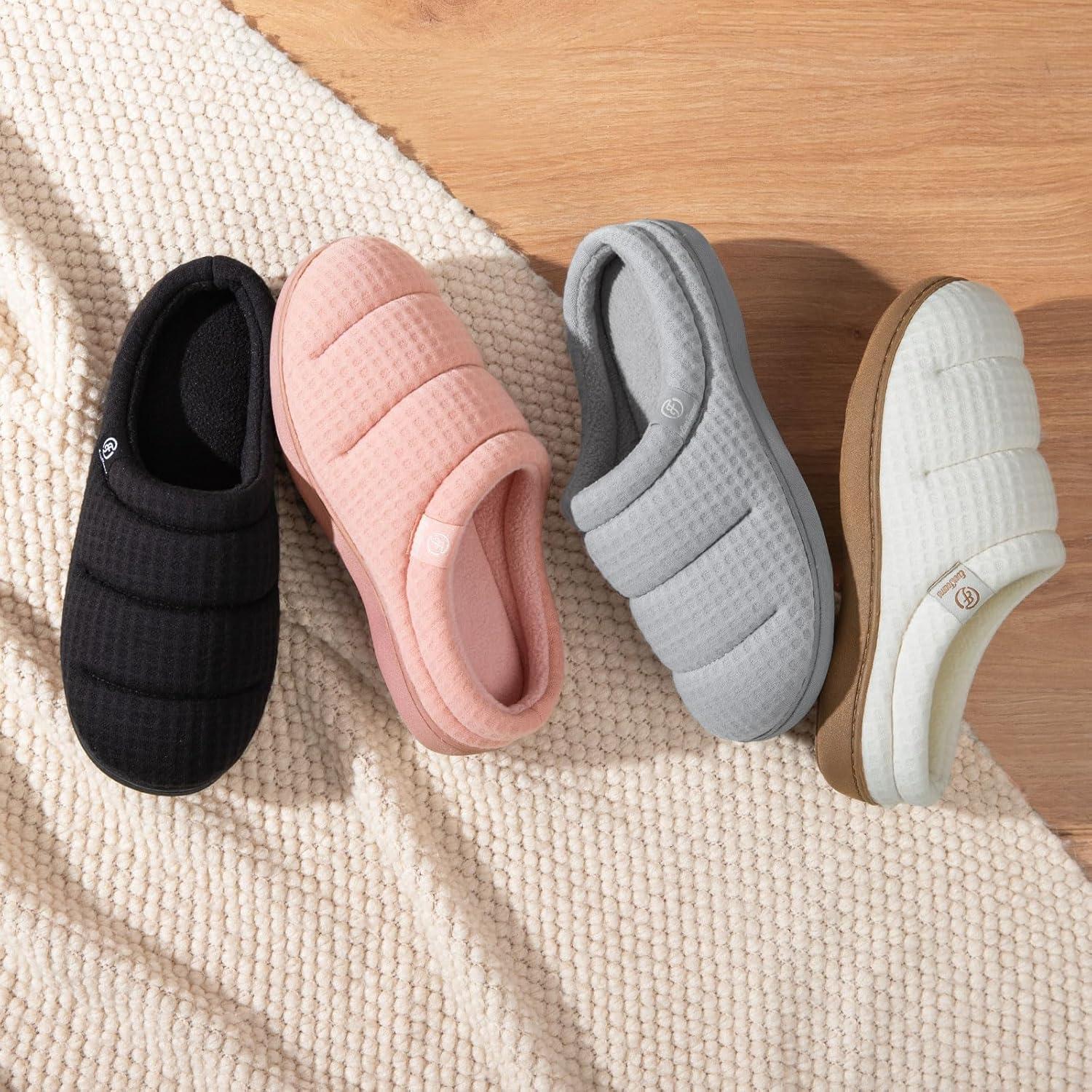 EverFoams Women’s Cozy Waffle Slippers Soft Quilted Memory Foam Indoor House Shoes(Light Pink)