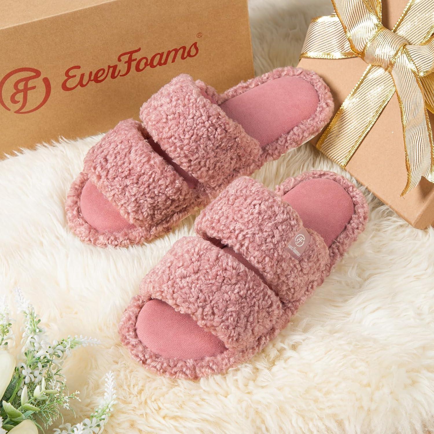 EverFoams Women’s Fuzzy Open Toe Slippers Comfy Soft Memory Foam Indoor House Shoes(Dusty Pink)