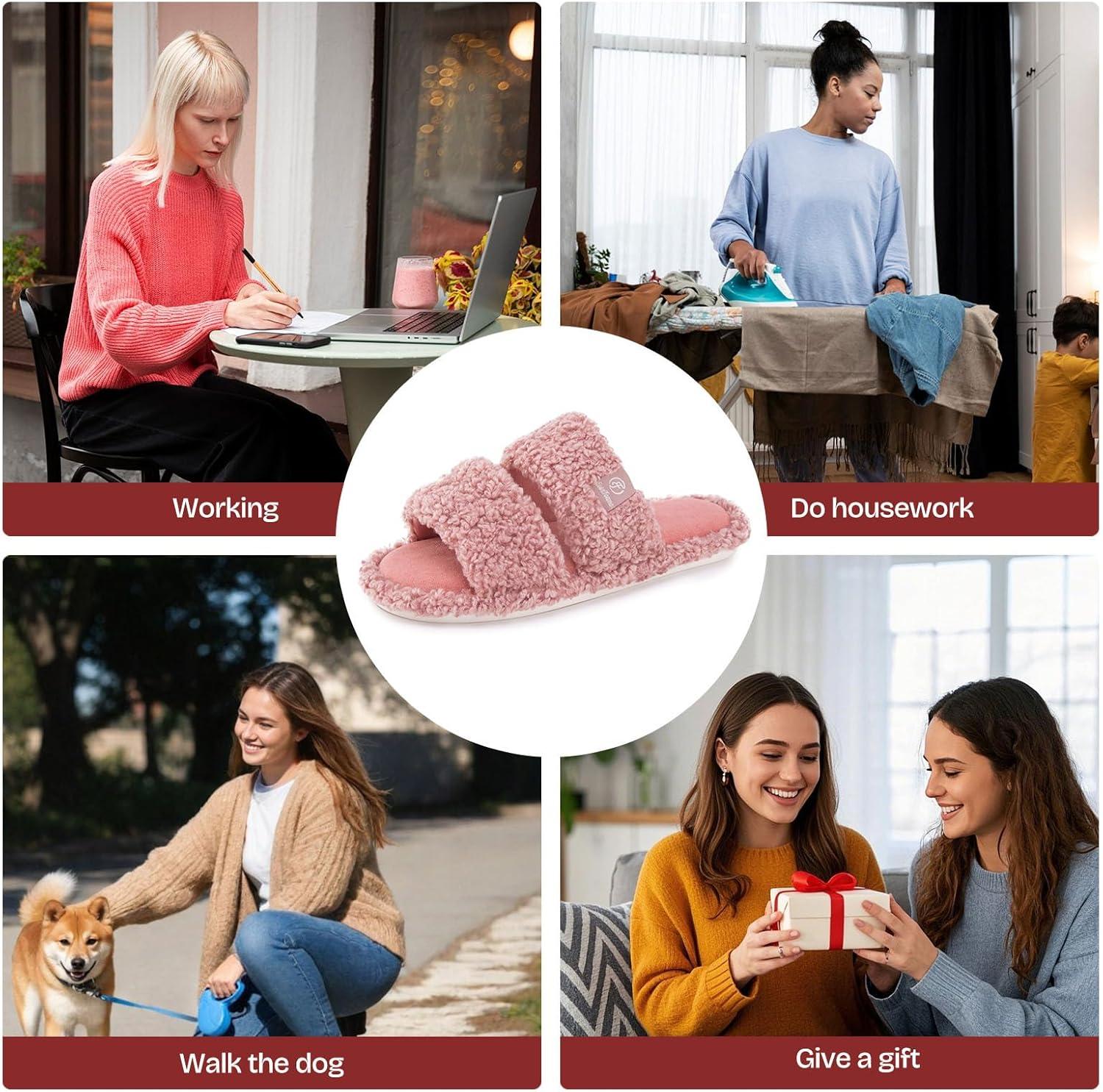EverFoams Women’s Fuzzy Open Toe Slippers Comfy Soft Memory Foam Indoor House Shoes(Dusty Pink)