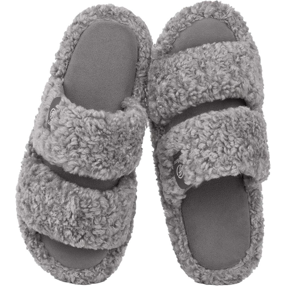 EverFoams Women’s Fuzzy Open Toe Slippers Memory Foam Indoor House Shoes(Cool Gray)