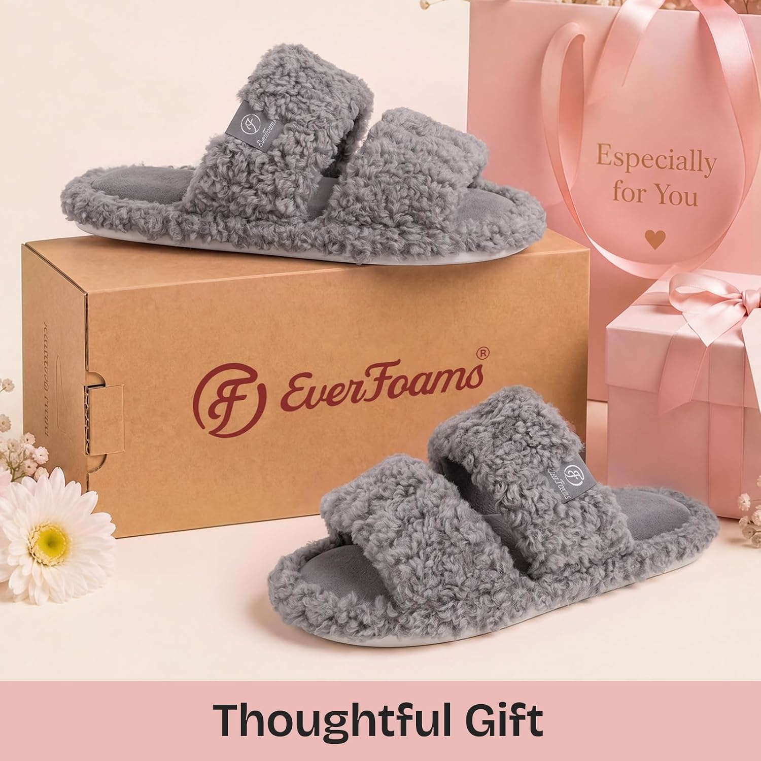 EverFoams Women’s Fuzzy Open Toe Slippers Memory Foam Indoor House Shoes(Cool Gray)