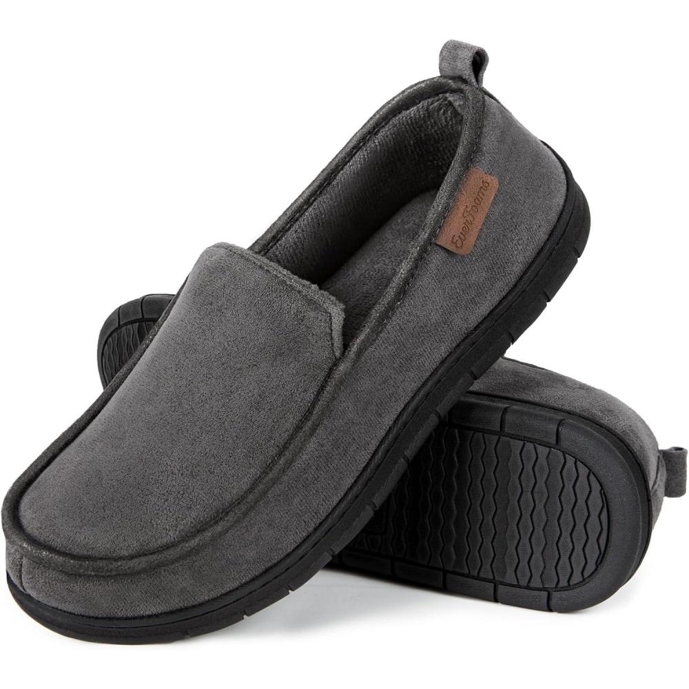 EverFoams Men’s Microsuede Moccasin Slippers Memory Foam Indoor/Outdoor House Shoes with Coral Fleece Lining Steel Gray,12 US