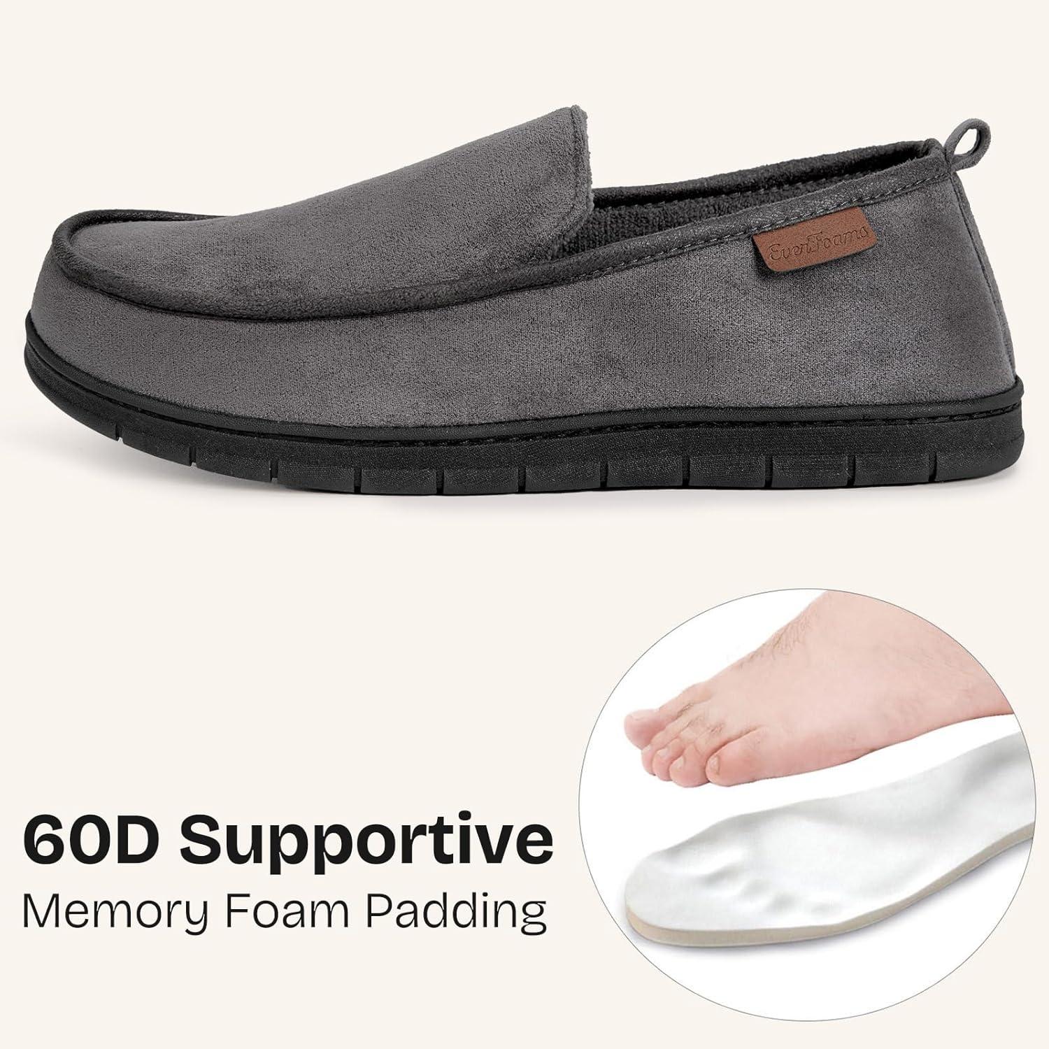 EverFoams Men’s Microsuede Moccasin Slippers Memory Foam Indoor/Outdoor House Shoes with Coral Fleece Lining Steel Gray,12 US