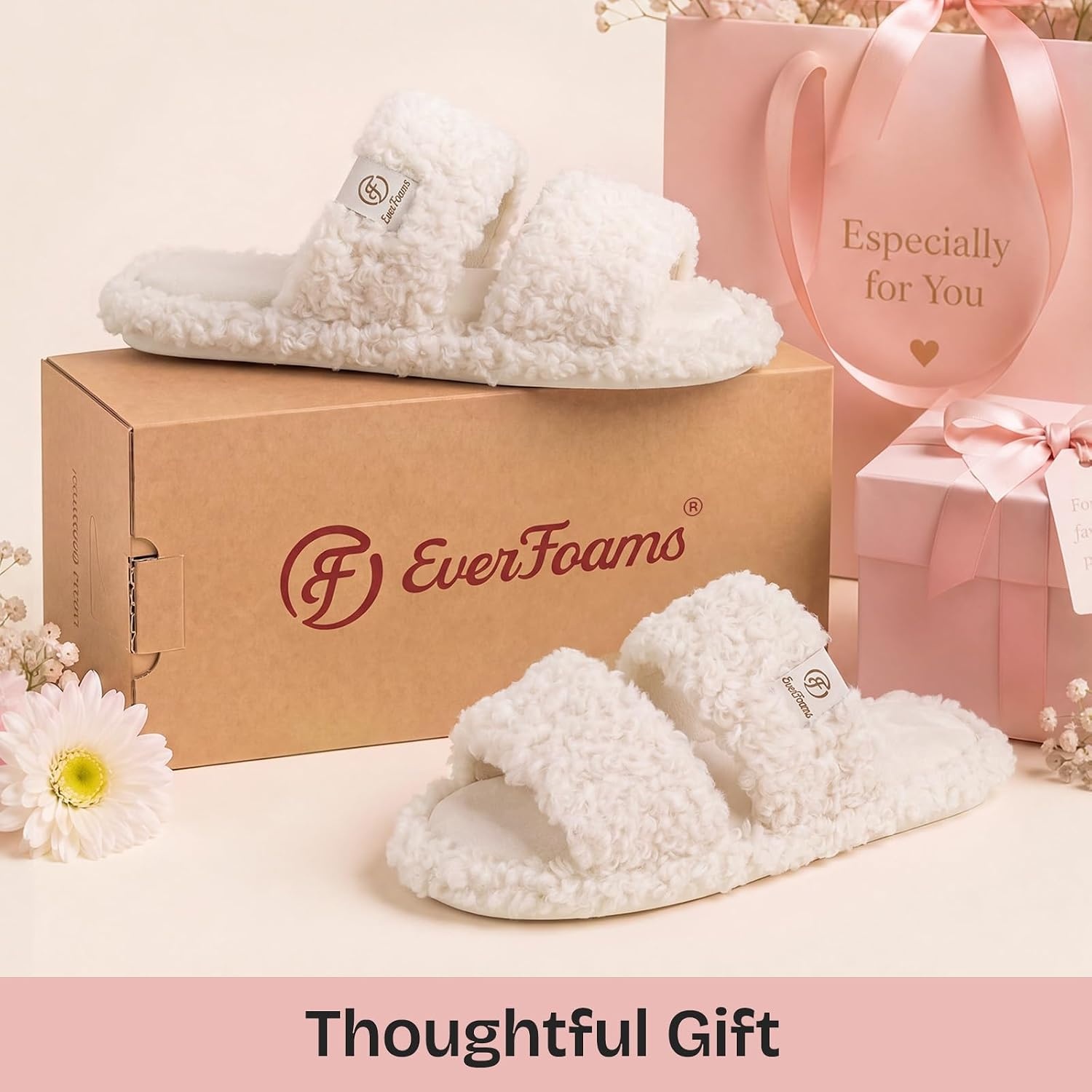 EverFoams Women’s Fuzzy Open Toe Slippers Memory Foam Indoor House Shoes(Vanilla Ice)