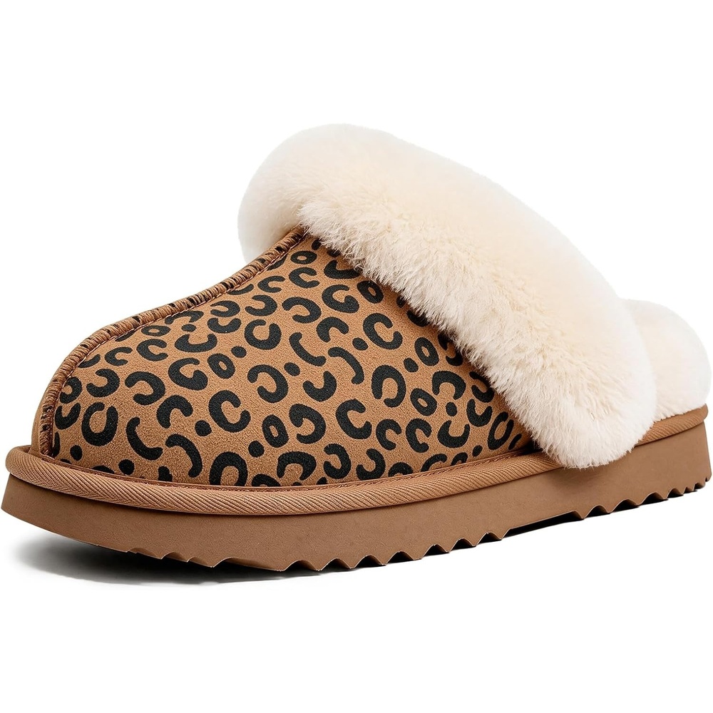 EverFoams Women’s Sheepskin Slippers Suede House Shoes with Plush Collar(Leopard)