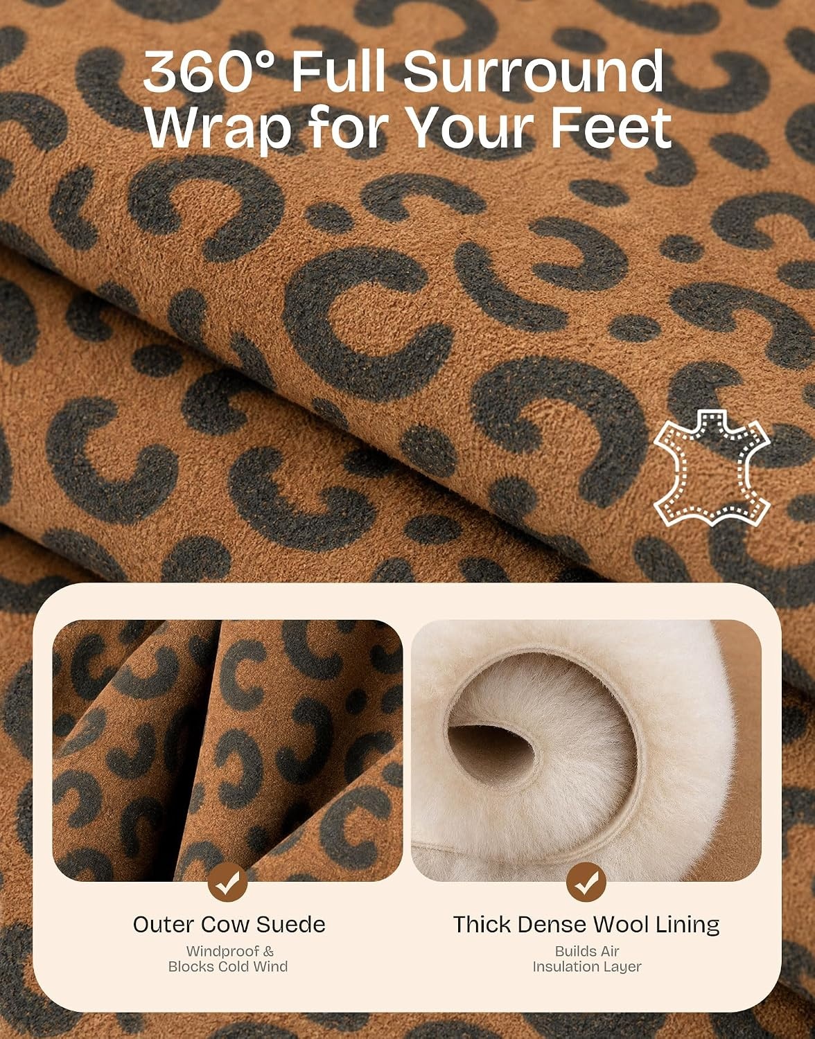 EverFoams Women’s Sheepskin Slippers Suede House Shoes with Plush Collar(Leopard)