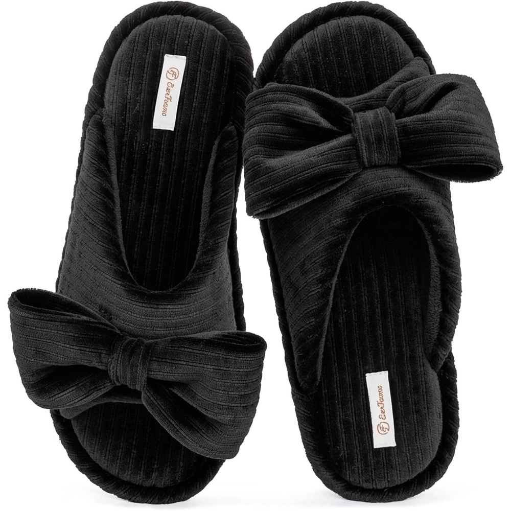 EverFoams Women’s Open-Toe Bow Slippers Memory Foam Non-Slip Indoor | Machine Washable,Bow Decoration,Slip Resistant,Quiet Walking,Floor Friendly,Memory Foam Insole(Velvet Black)