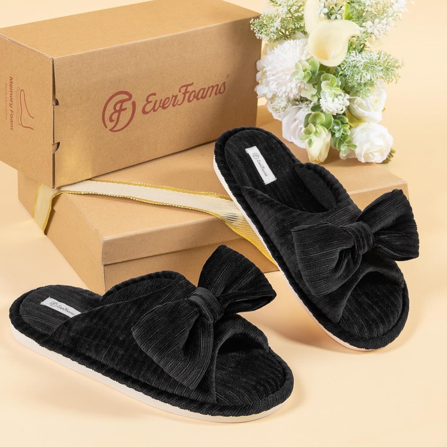 EverFoams Women’s Open-Toe Bow Slippers Memory Foam Non-Slip Indoor | Machine Washable,Bow Decoration,Slip Resistant,Quiet Walking,Floor Friendly,Memory Foam Insole(Velvet Black)