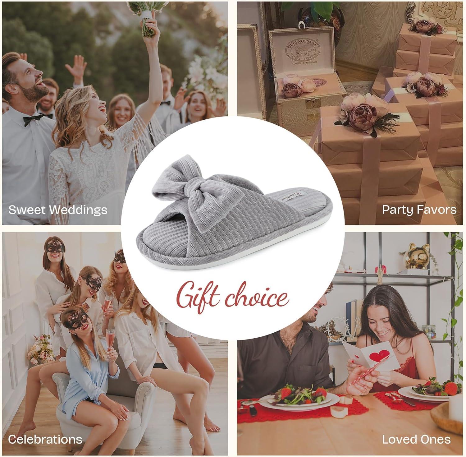 EverFoams Women’s Open-Toe Bow Slippers with Memory Foam Indoor House Non-Slip Sole(Ultimate Gray)